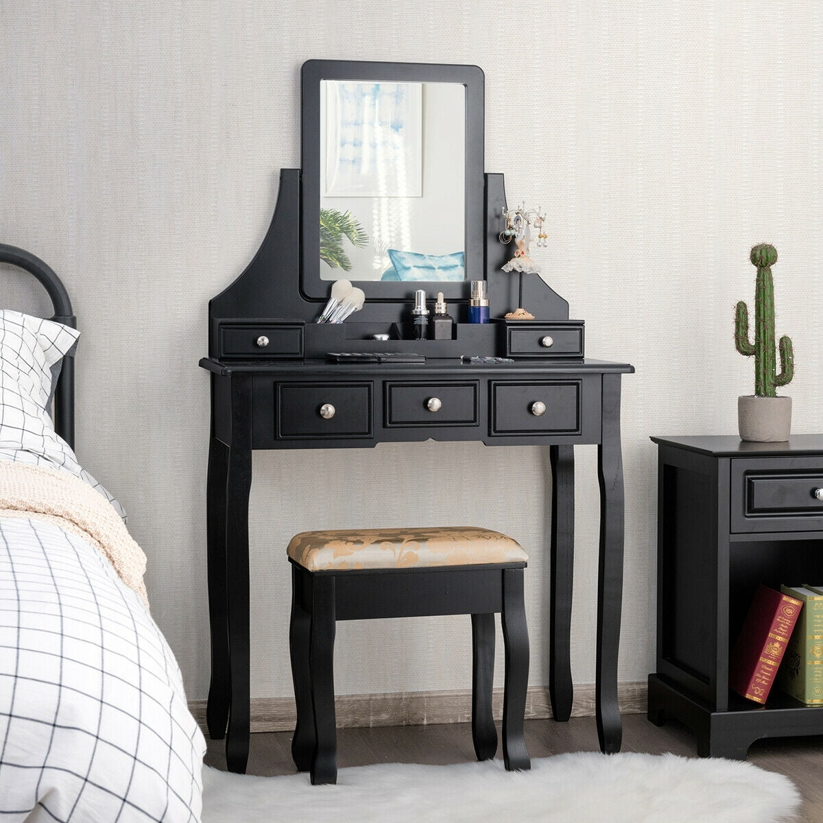 Makeup Vanity Set with 5 Drawers, Rotating Mirror, Removable Organizer, and Padded Stool – Black