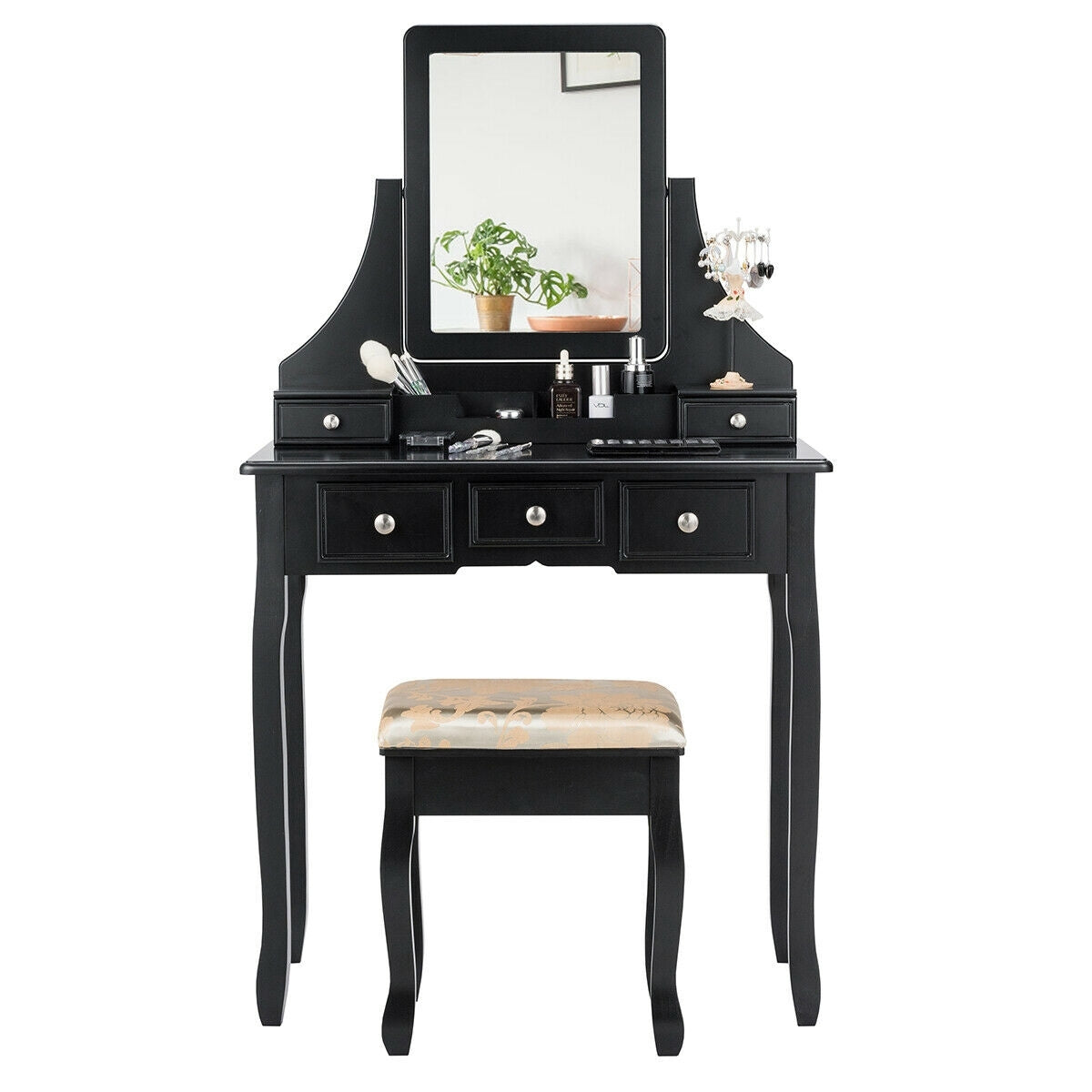 Makeup Vanity Set with 5 Drawers, Rotating Mirror, Removable Organizer, and Padded Stool – Black