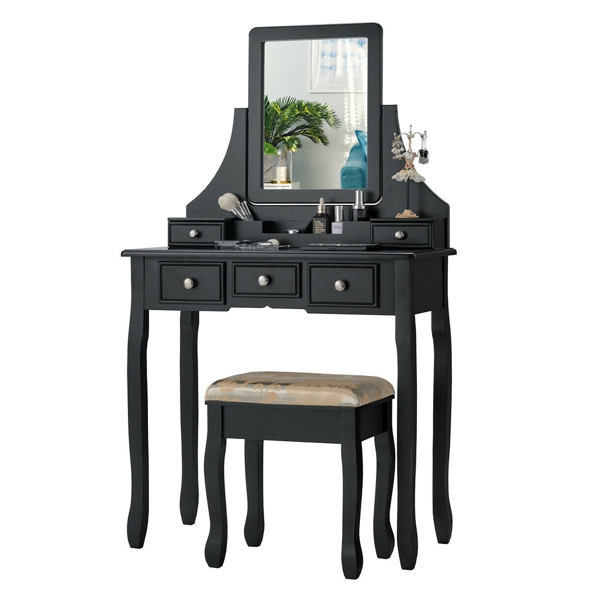Makeup Vanity Set with 5 Drawers, Rotating Mirror, Removable Organizer, and Padded Stool – Black