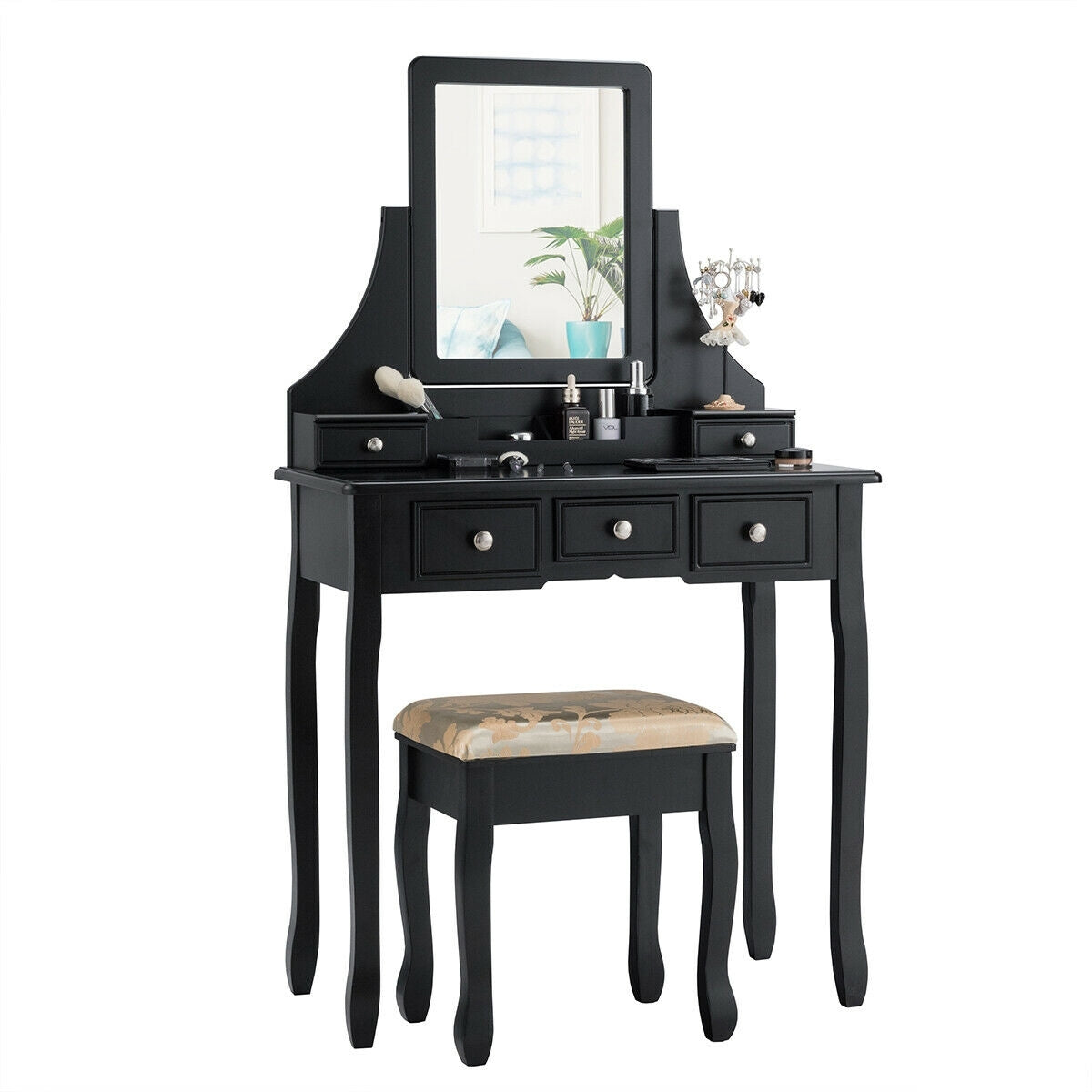 Makeup Vanity Set with 5 Drawers, Rotating Mirror, Removable Organizer, and Padded Stool – Black