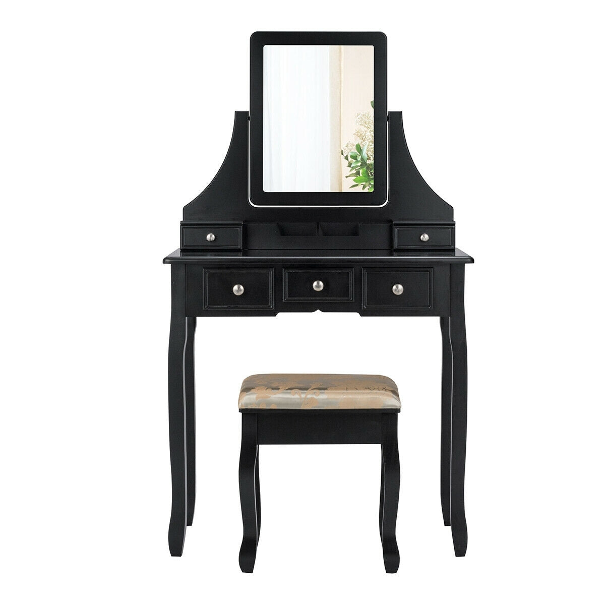 Makeup Vanity Set with 5 Drawers, Rotating Mirror, Removable Organizer, and Padded Stool – Black
