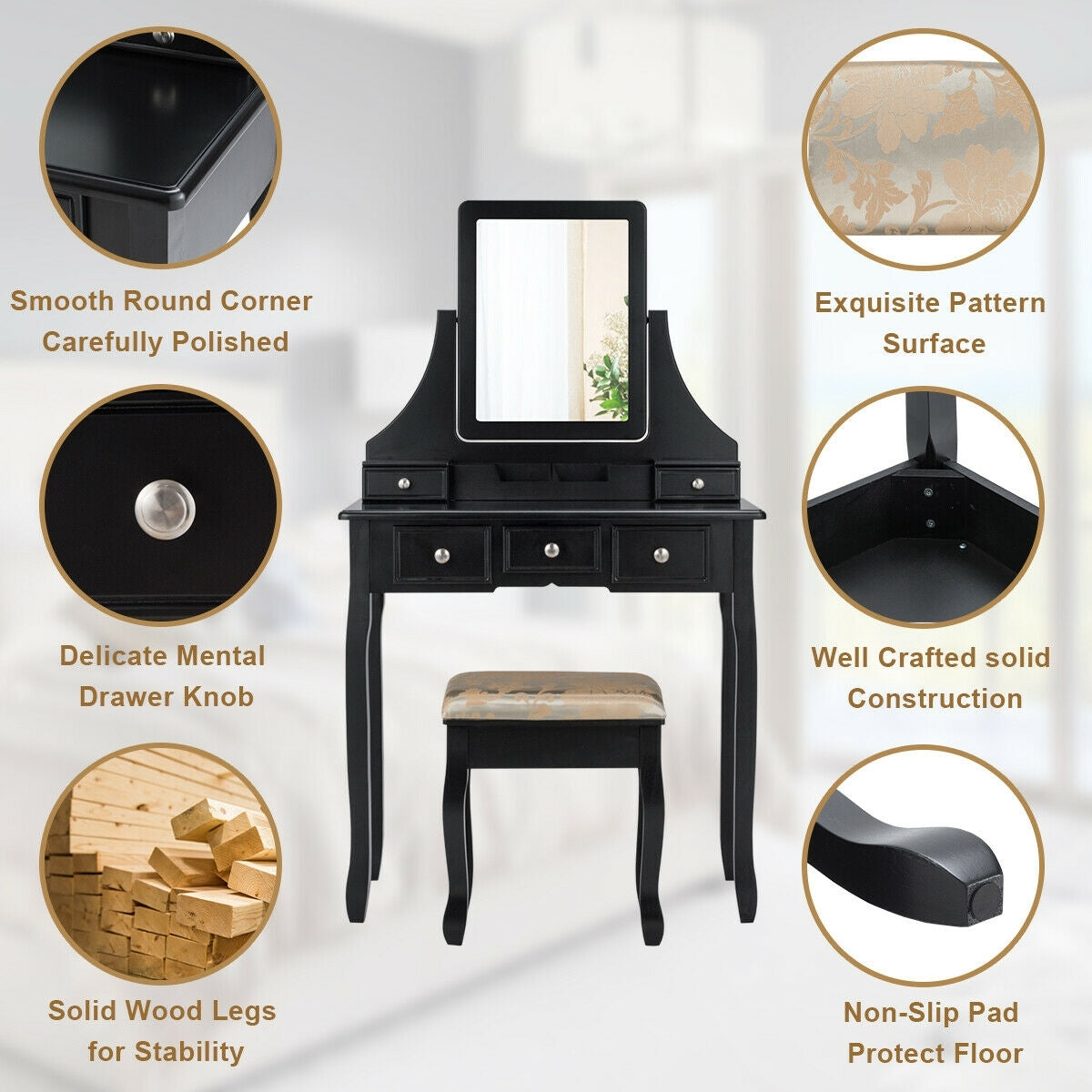 Makeup Vanity Set with 5 Drawers, Rotating Mirror, Removable Organizer, and Padded Stool – Black