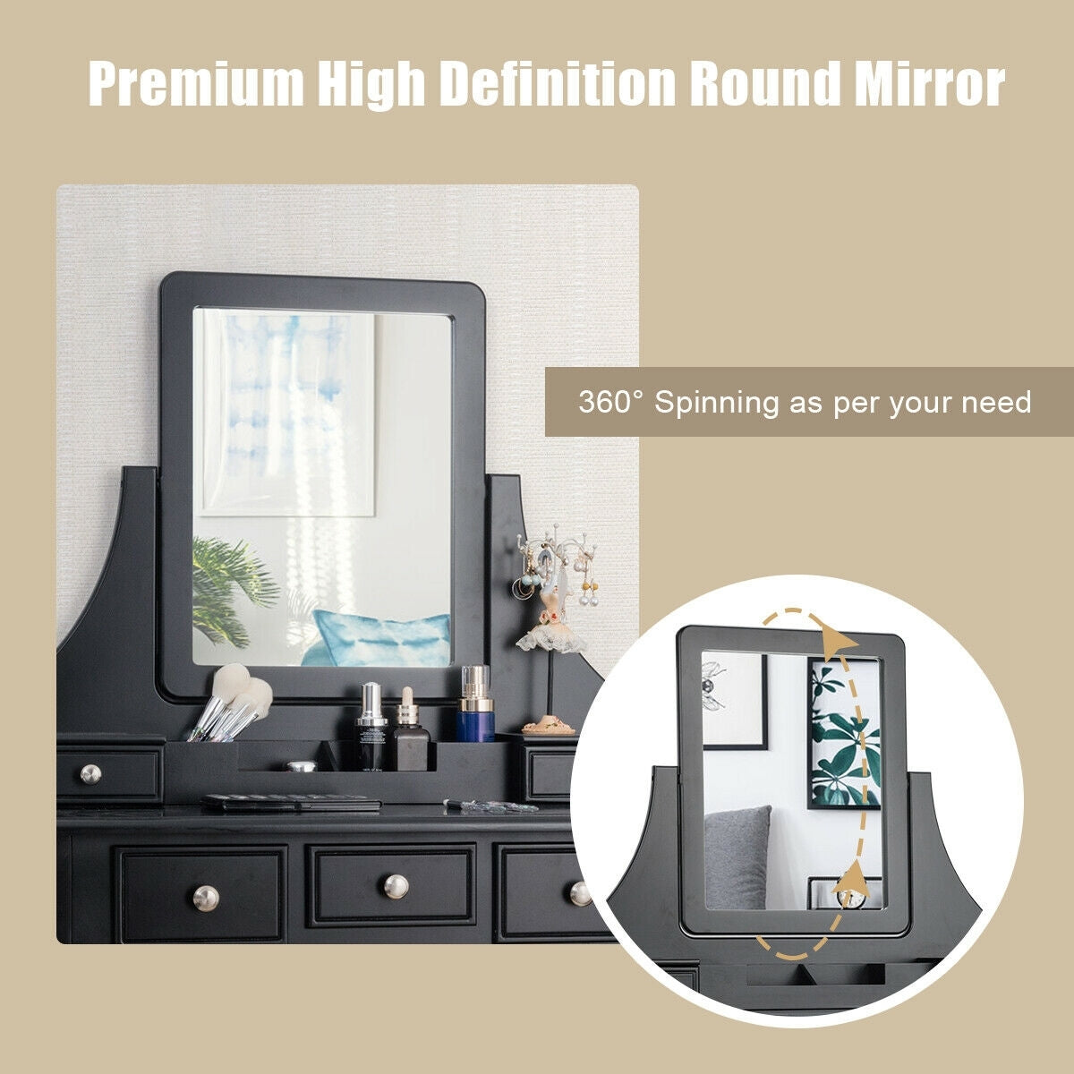 Makeup Vanity Set with 5 Drawers, Rotating Mirror, Removable Organizer, and Padded Stool – Black