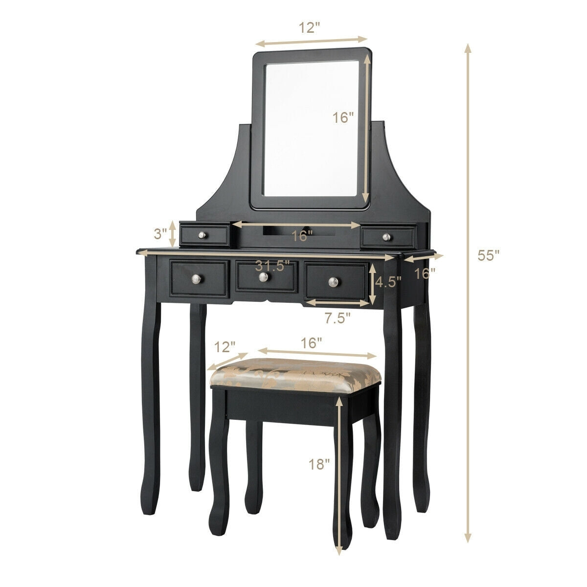 Makeup Vanity Set with 5 Drawers, Rotating Mirror, Removable Organizer, and Padded Stool – Black