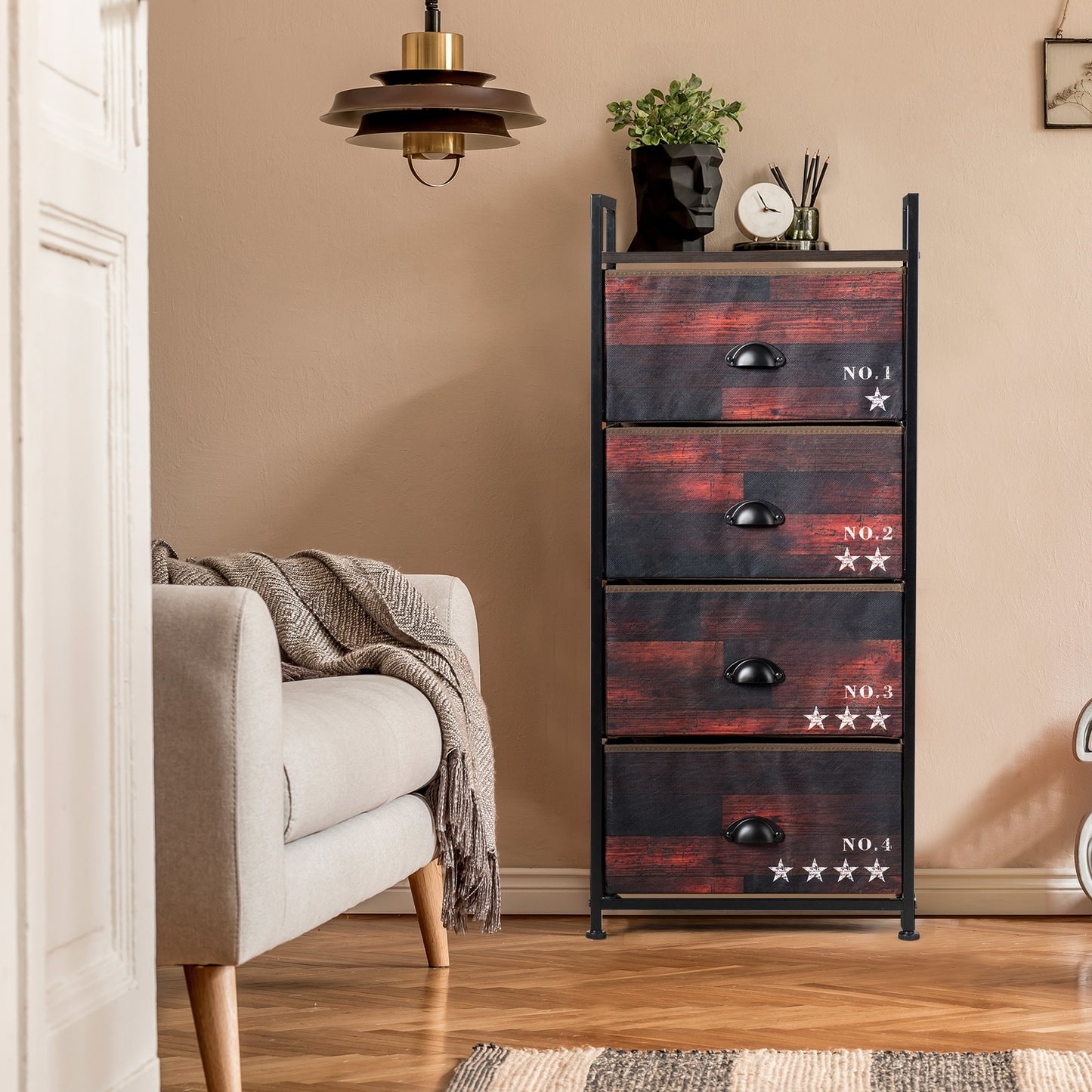 Industrial 4 Drawer Storage Tower with Steel Frame & Fabric Bins