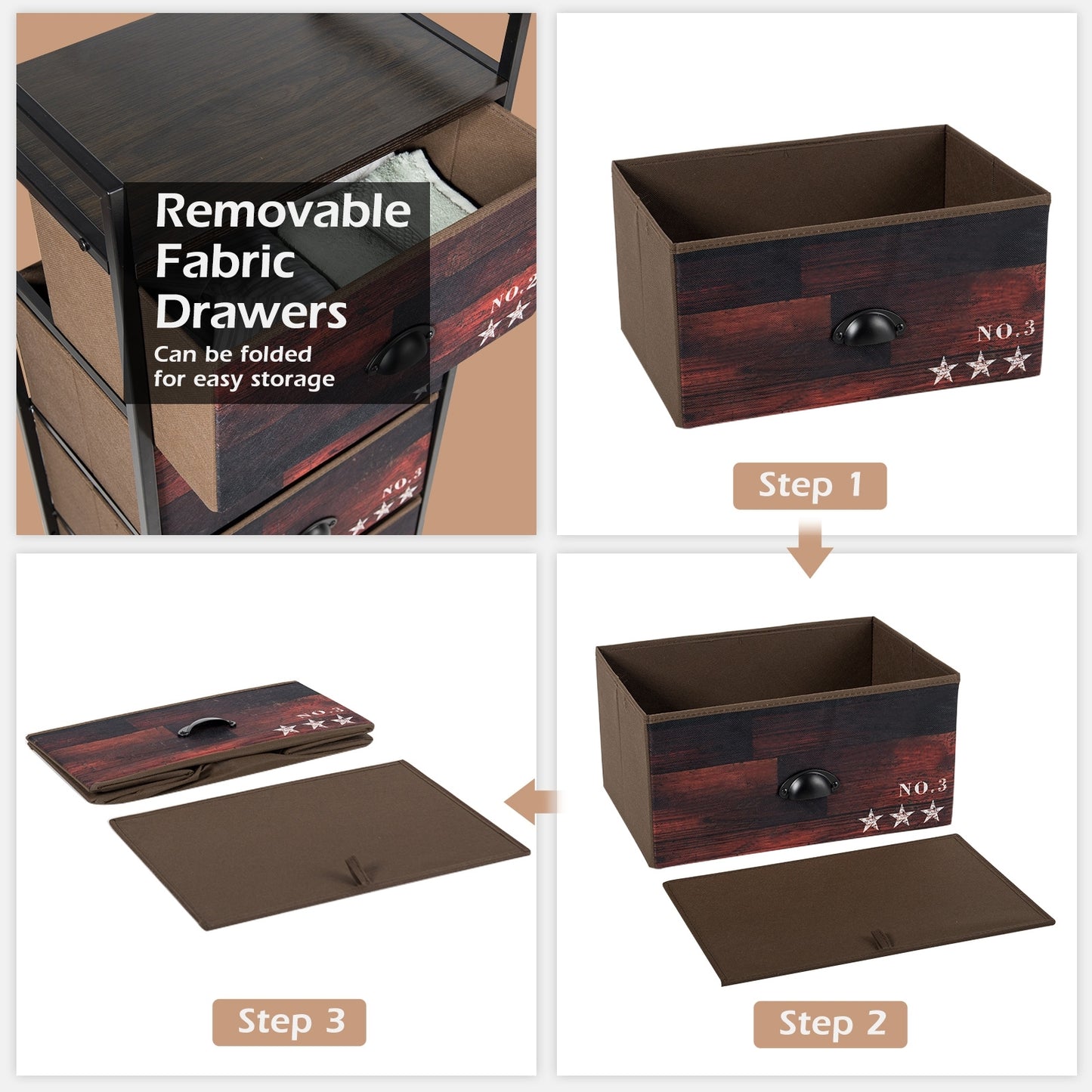 Industrial 4 Drawer Storage Tower with Steel Frame & Fabric Bins