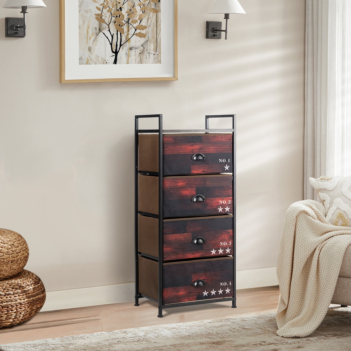 Industrial 4 Drawer Storage Tower with Steel Frame & Fabric Bins