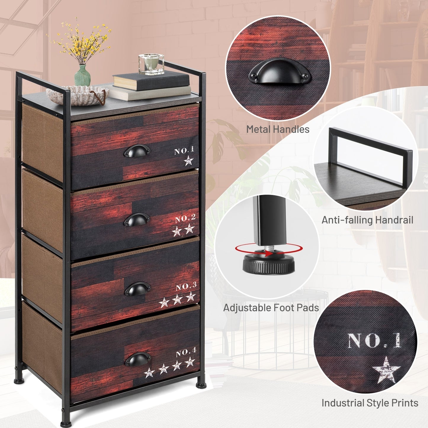 Industrial 4 Drawer Storage Tower with Steel Frame & Fabric Bins