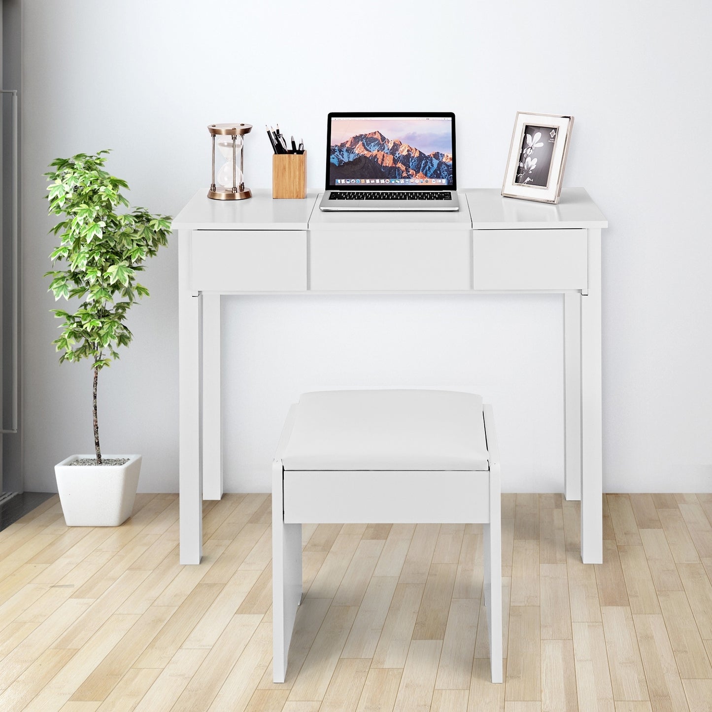 Elegant Vanity Set with Flip Mirror, Built-In Storage, and Comfort Seat – White