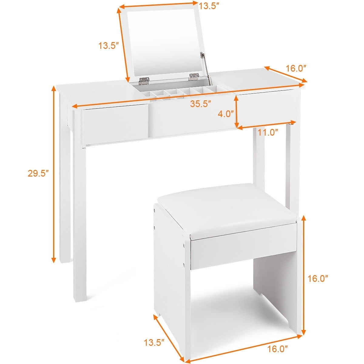 Elegant Vanity Set with Flip Mirror, Built-In Storage, and Comfort Seat – White