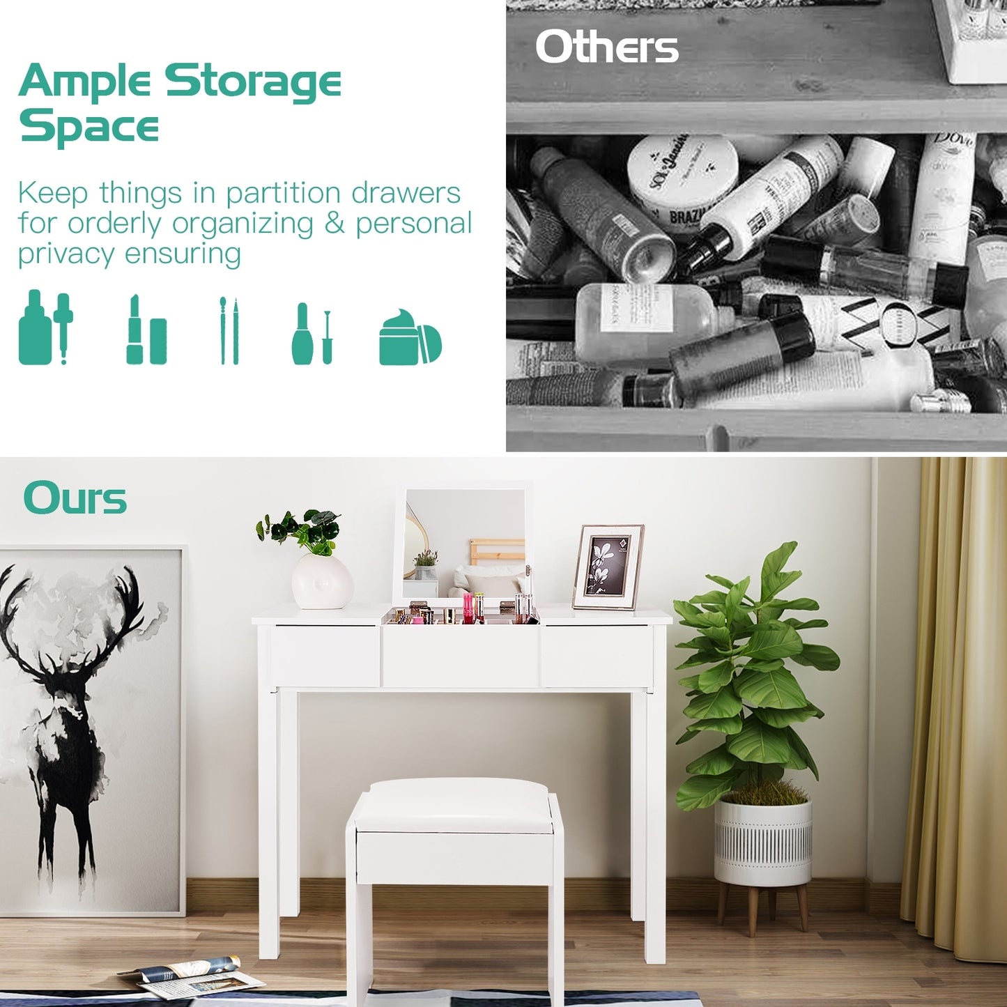 Elegant Vanity Set with Flip Mirror, Built-In Storage, and Comfort Seat – White