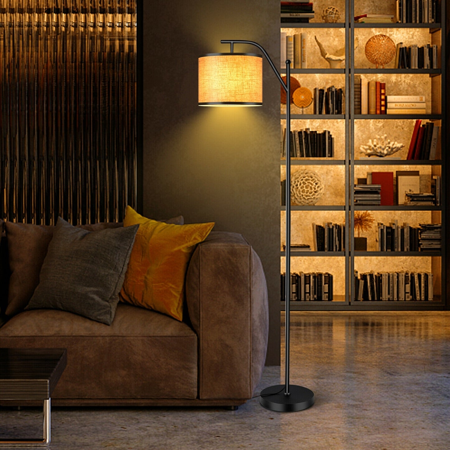 Modern Adjustable Standing Floor Lamp with Fabric Shade for Home and Office