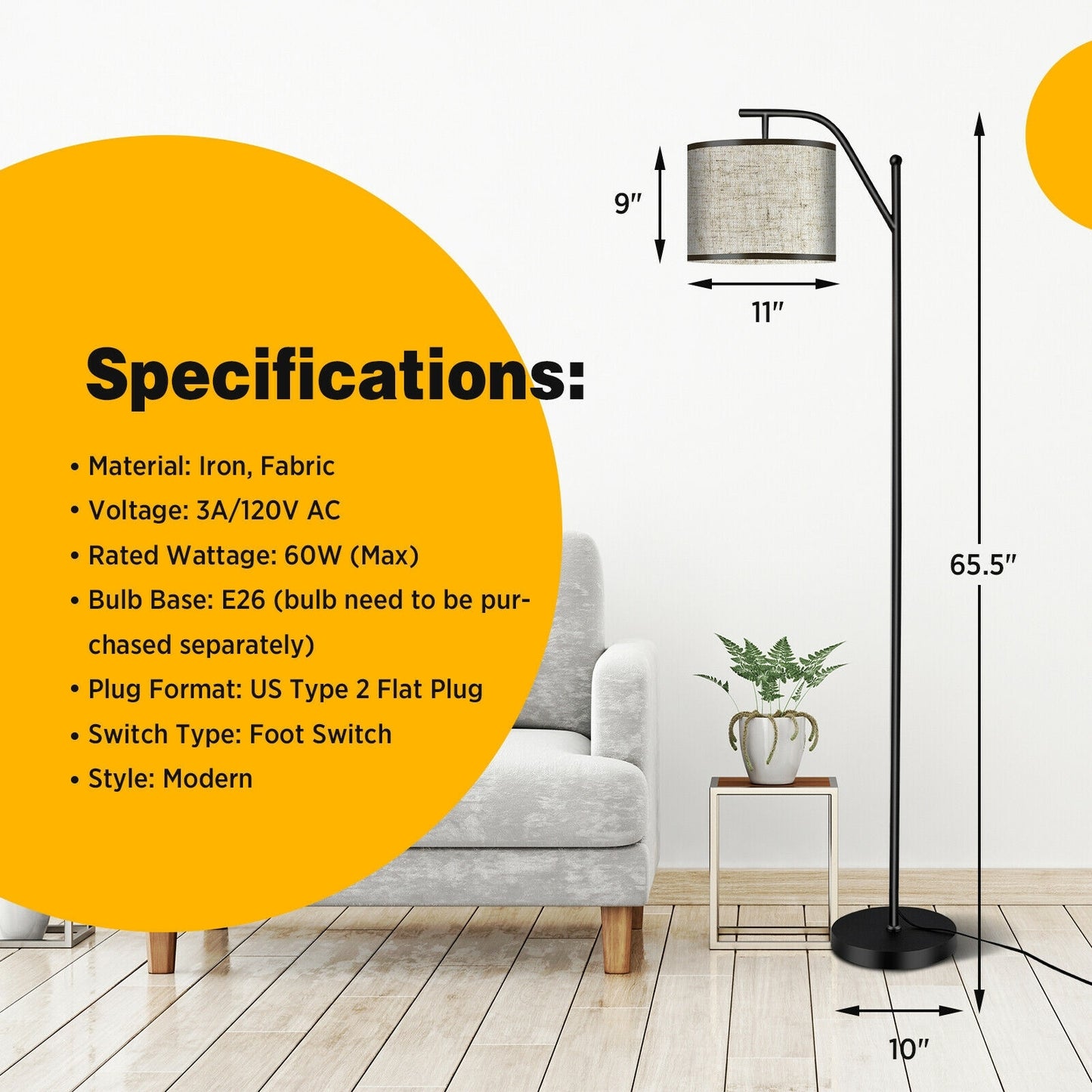 Modern Adjustable Standing Floor Lamp with Fabric Shade for Home and Office