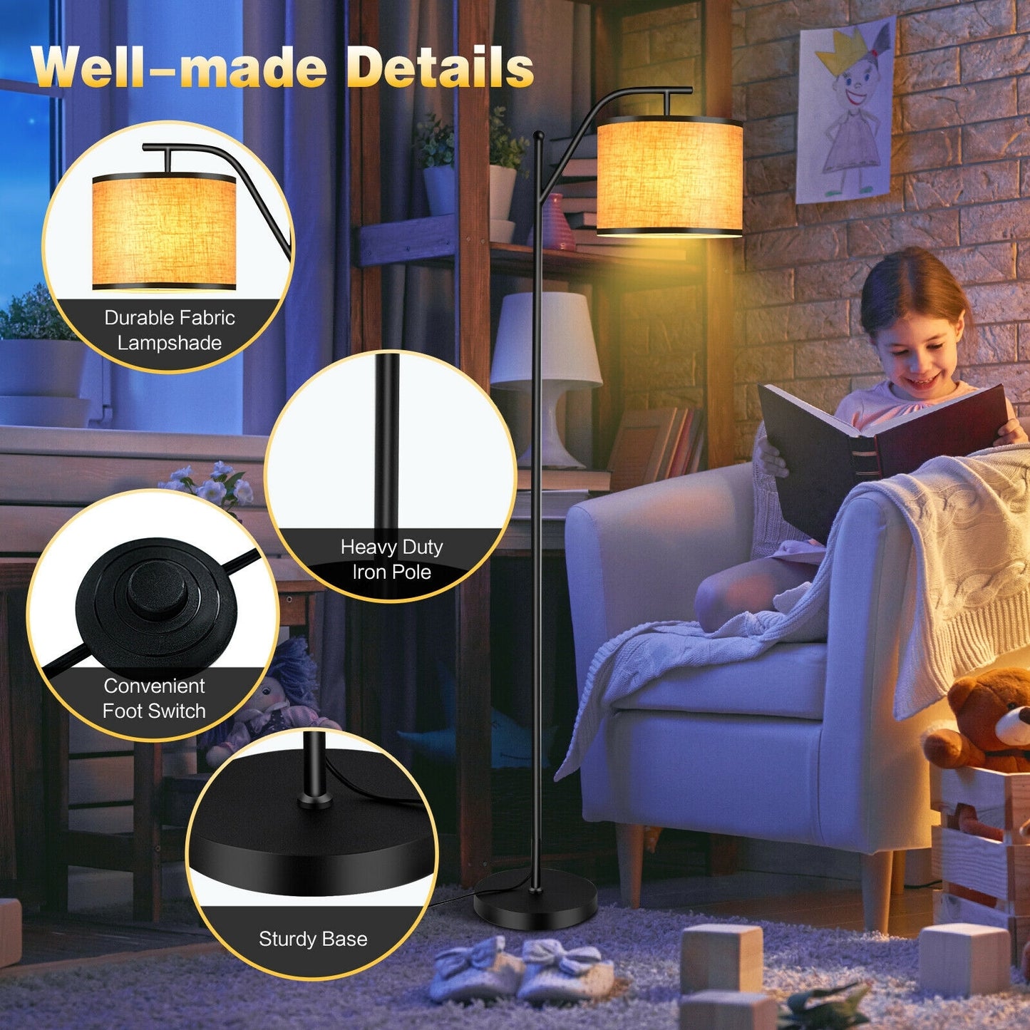 Modern Adjustable Standing Floor Lamp with Fabric Shade for Home and Office