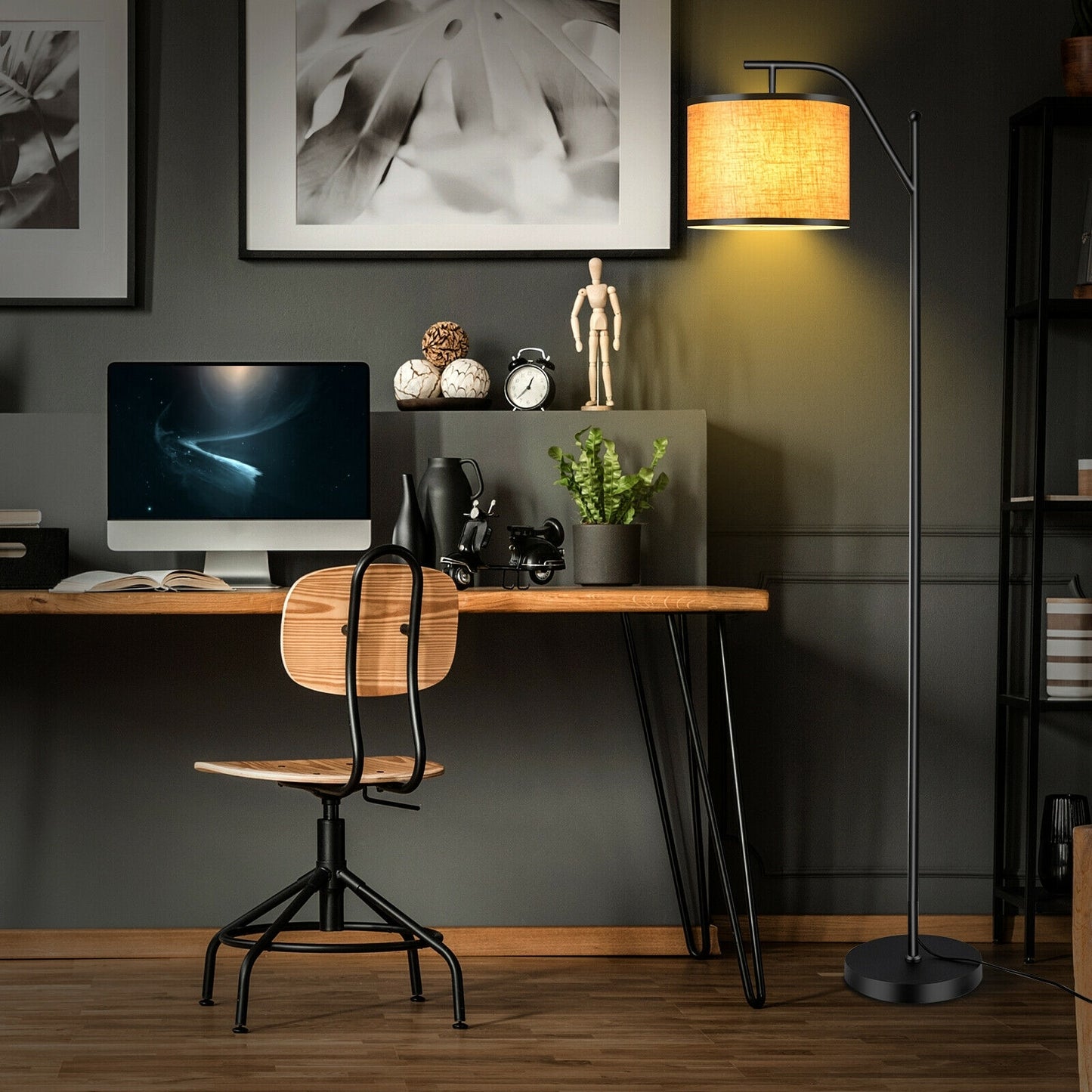 Modern Adjustable Standing Floor Lamp with Fabric Shade for Home and Office