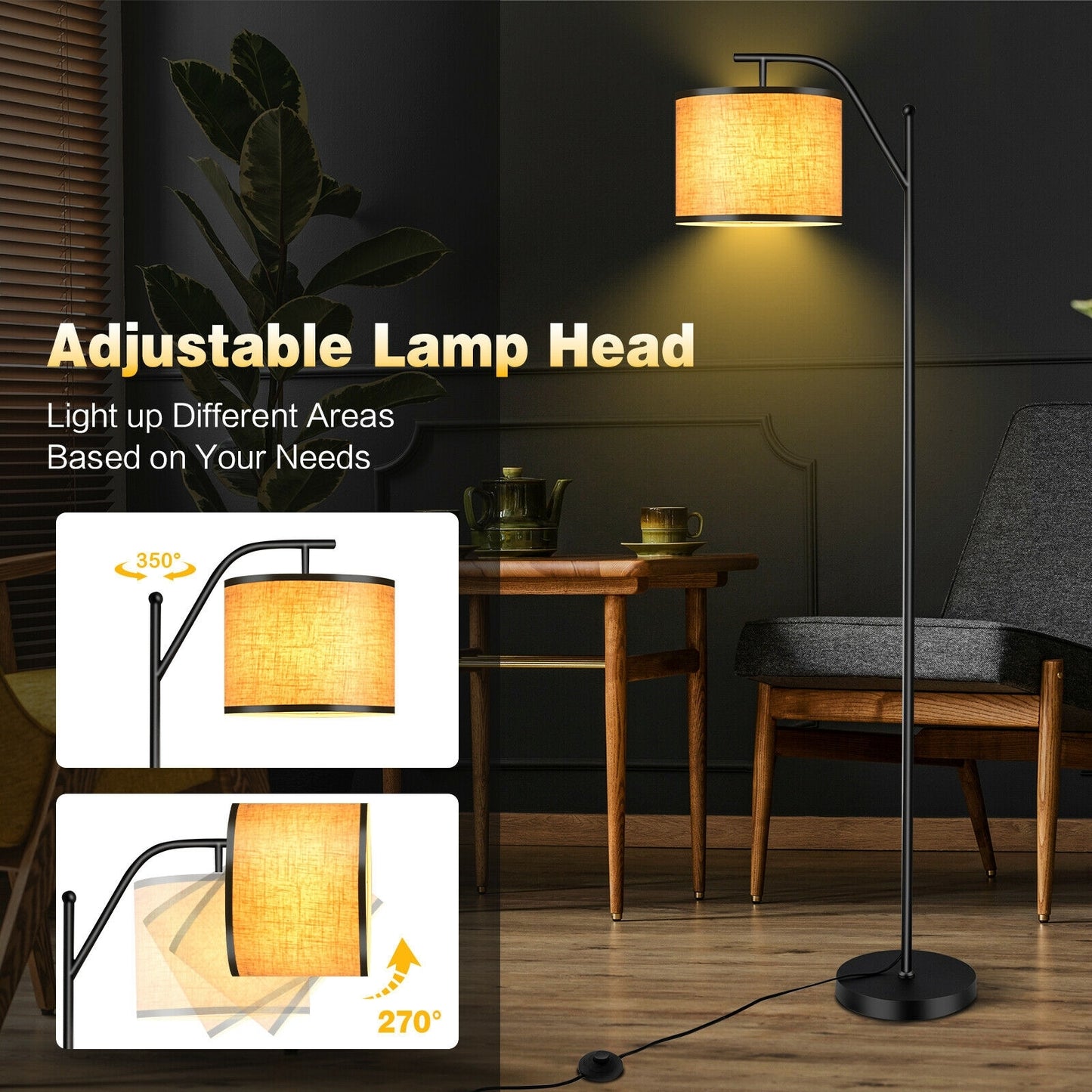 Modern Adjustable Standing Floor Lamp with Fabric Shade for Home and Office