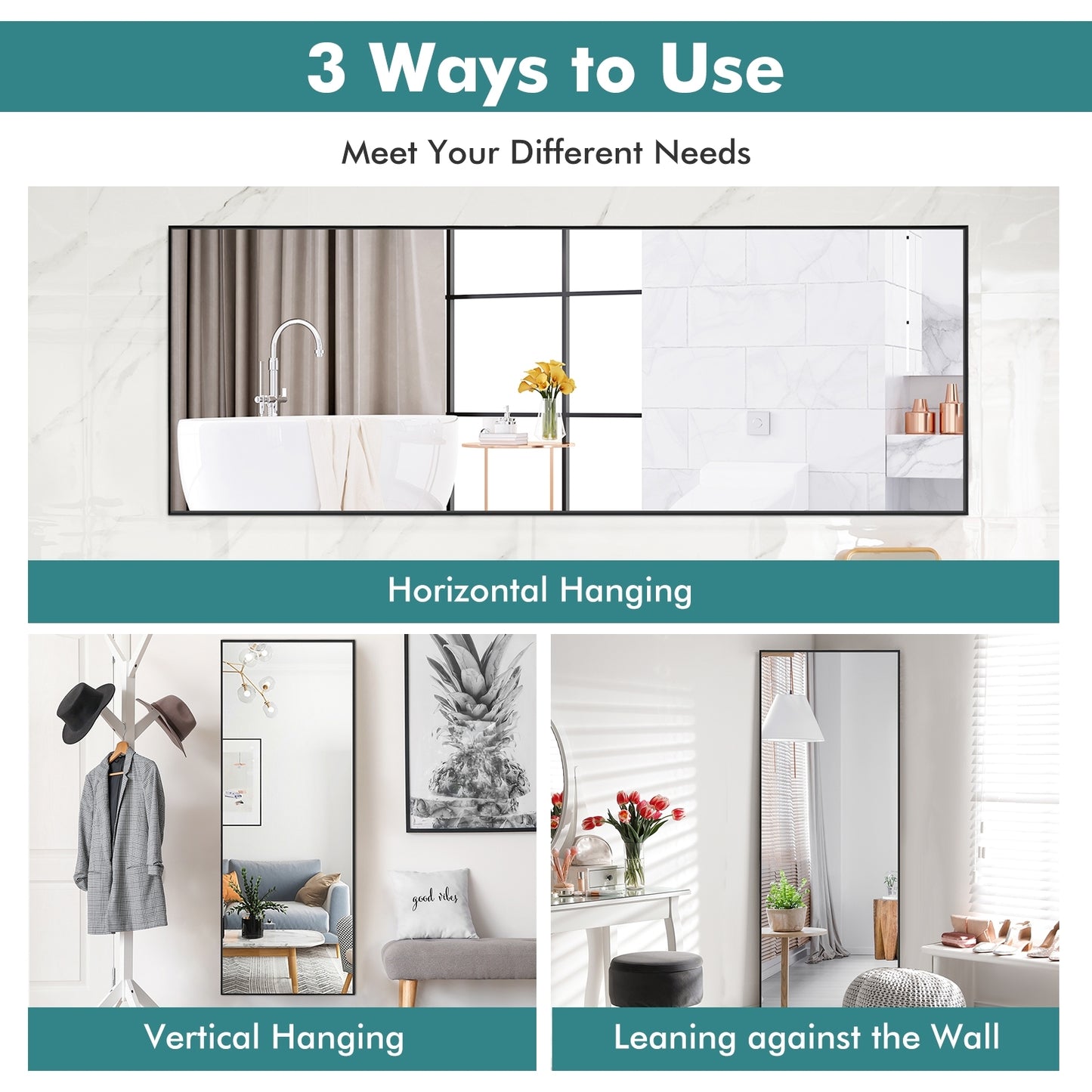 59 Inch Full Length Rectangle Mirror for Bedroom and Home Décor - Black