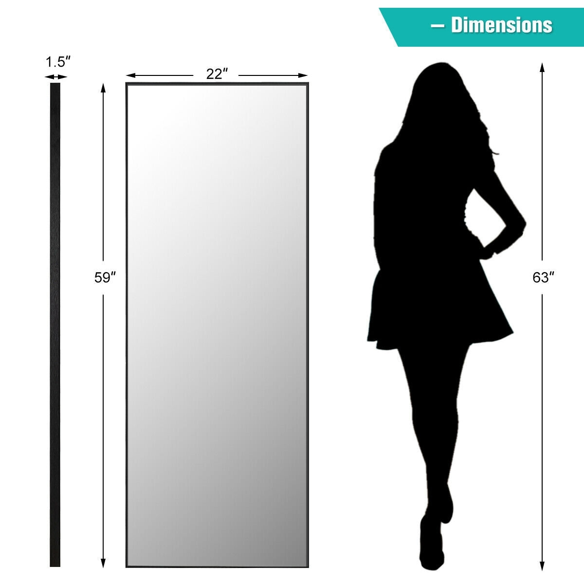 59 Inch Full Length Rectangle Mirror for Bedroom and Home Décor - Black