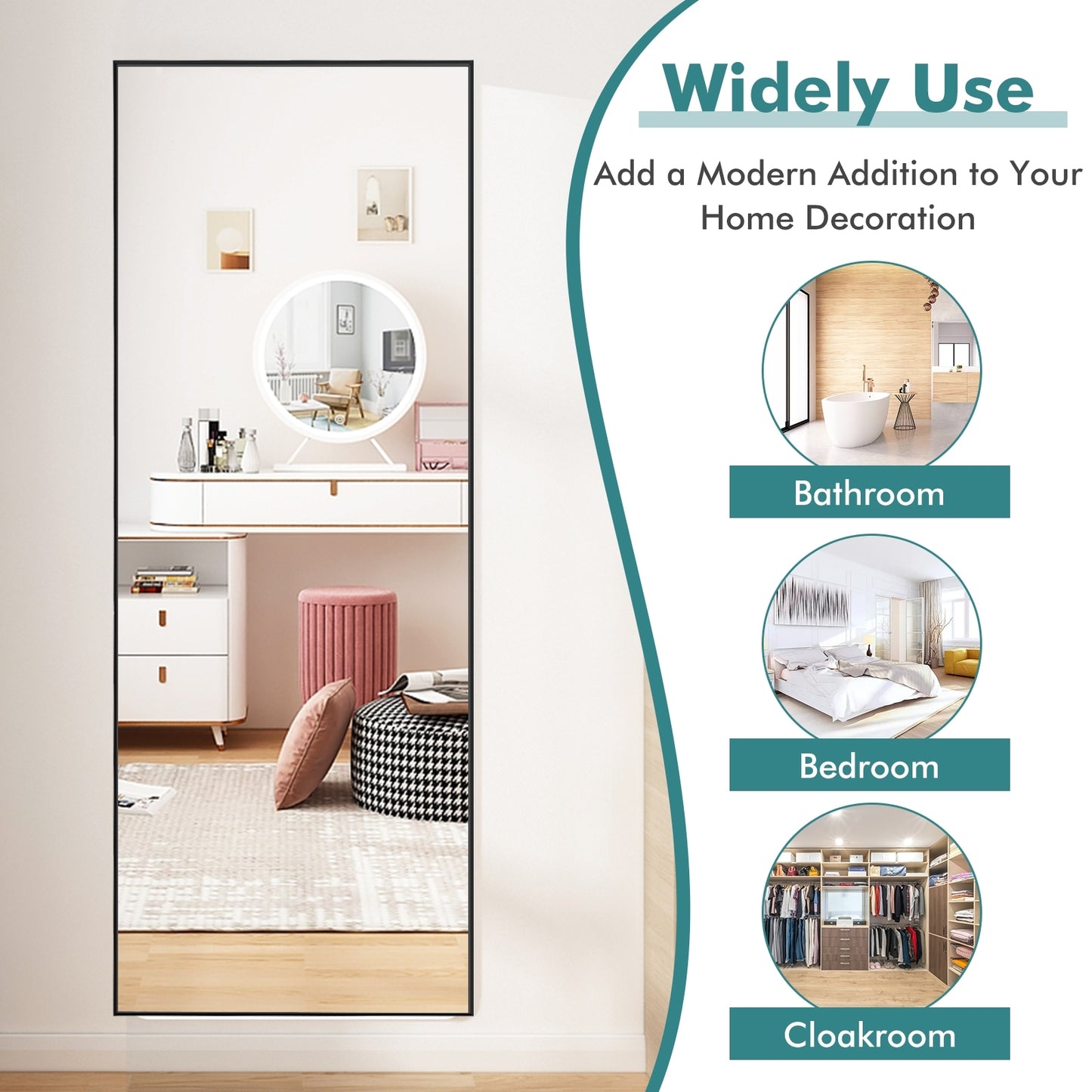 59 Inch Full Length Rectangle Mirror for Bedroom and Home Décor - Black