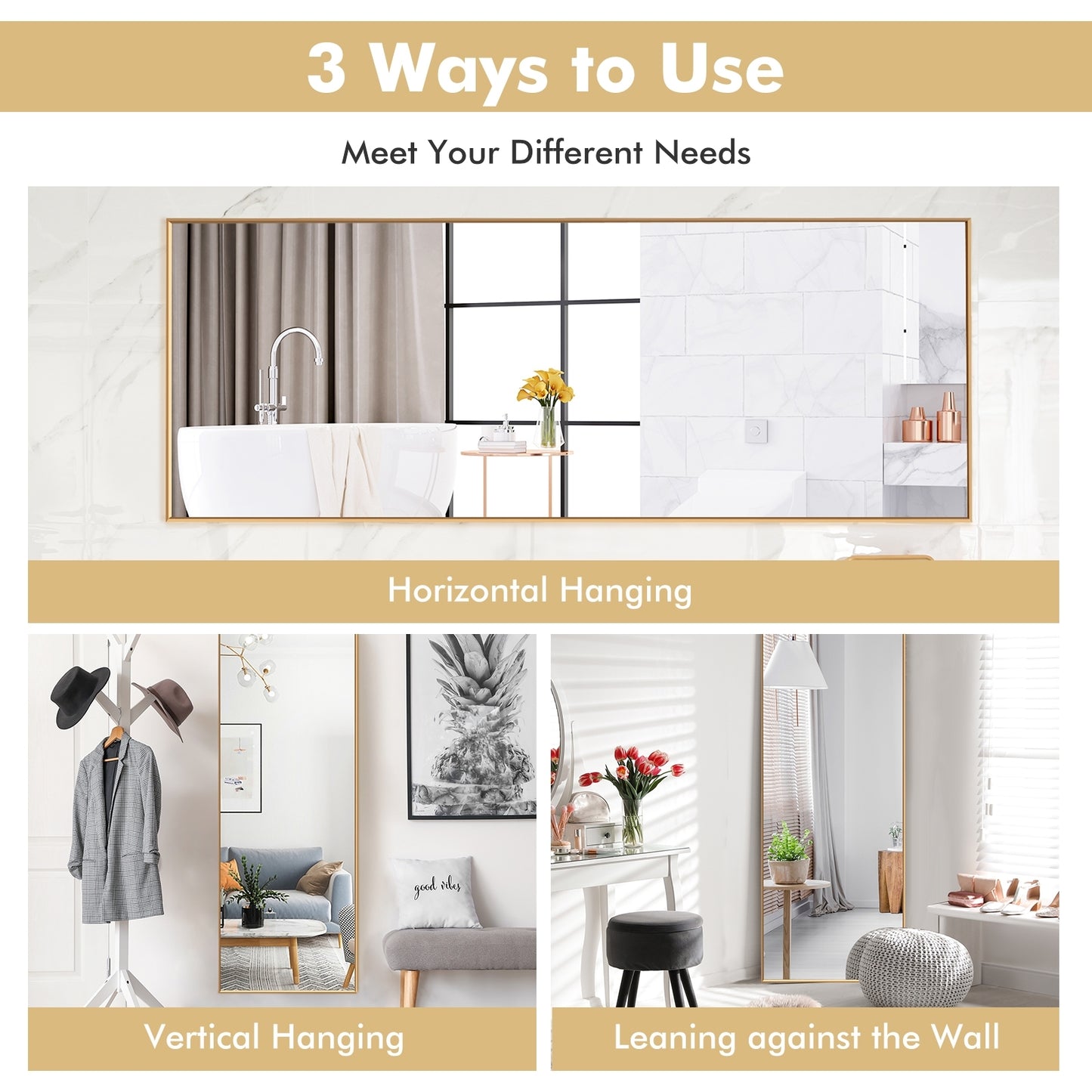 59 Inch Full Length Rectangle Mirror for Bedroom and Home Décor - Golden