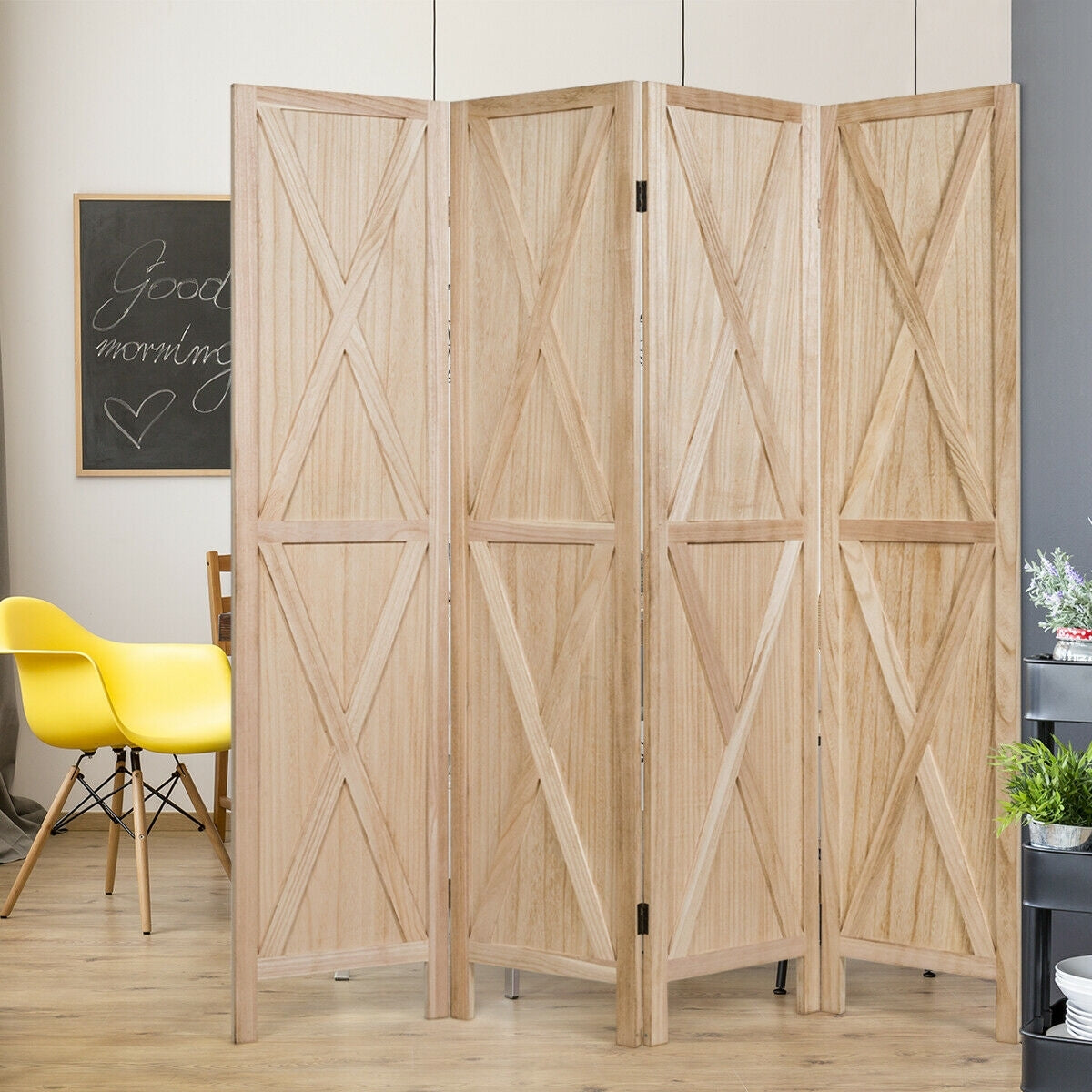 5.6 Ft 4 Panel Wooden Room Divider with Rustic X Design – Natural