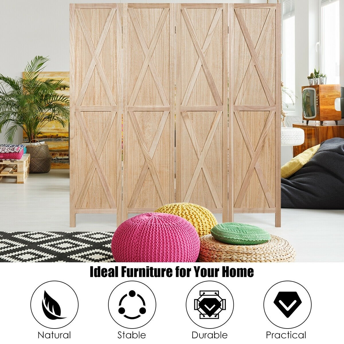 5.6 Ft 4 Panel Wooden Room Divider with Rustic X Design – Natural
