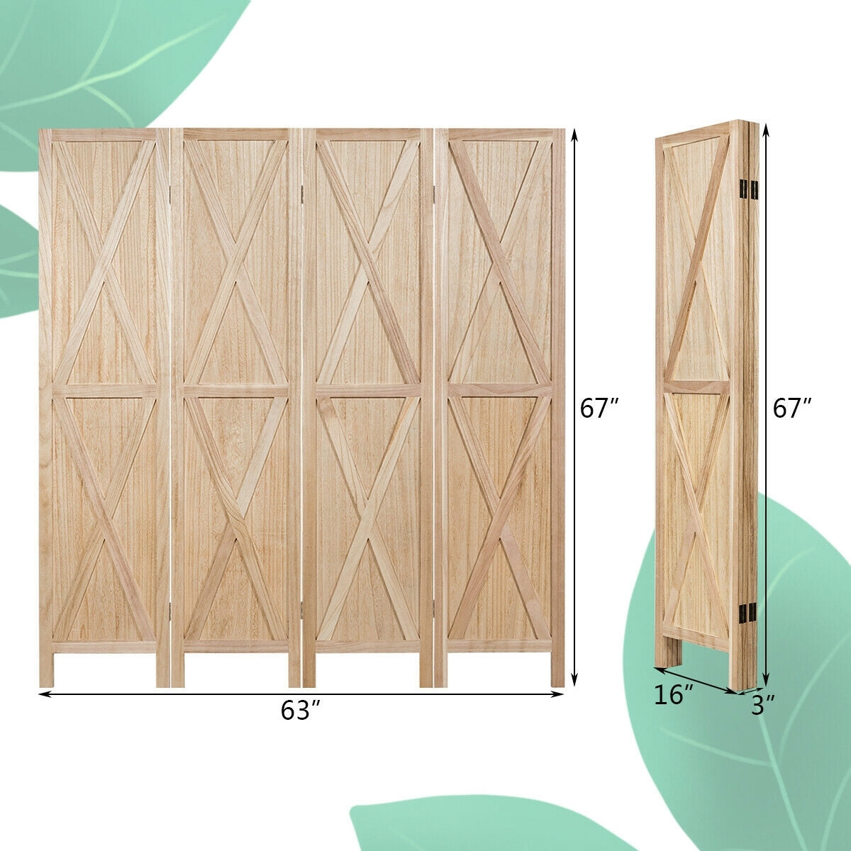 5.6 Ft 4 Panel Wooden Room Divider with Rustic X Design – Natural