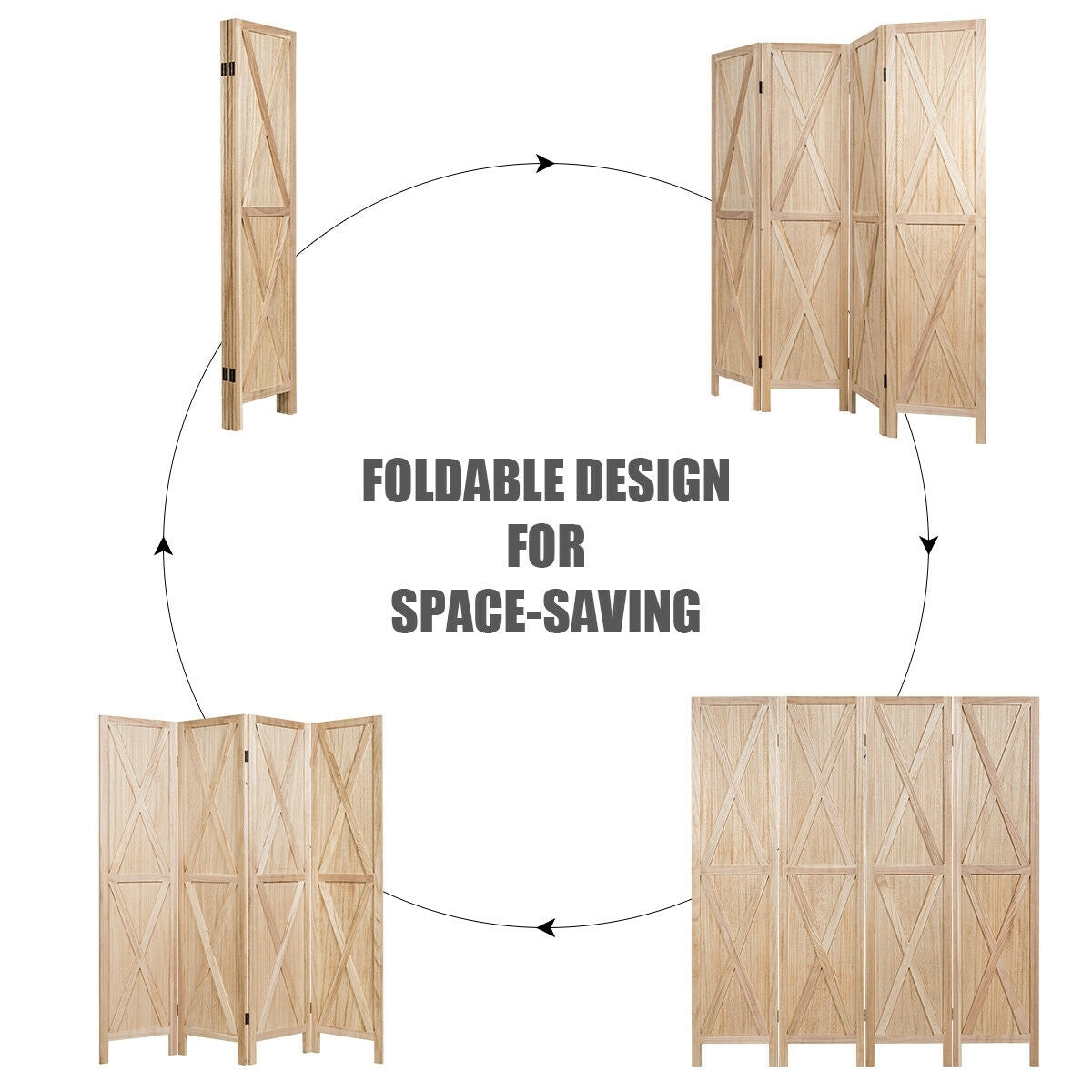 5.6 Ft 4 Panel Wooden Room Divider with Rustic X Design – Natural