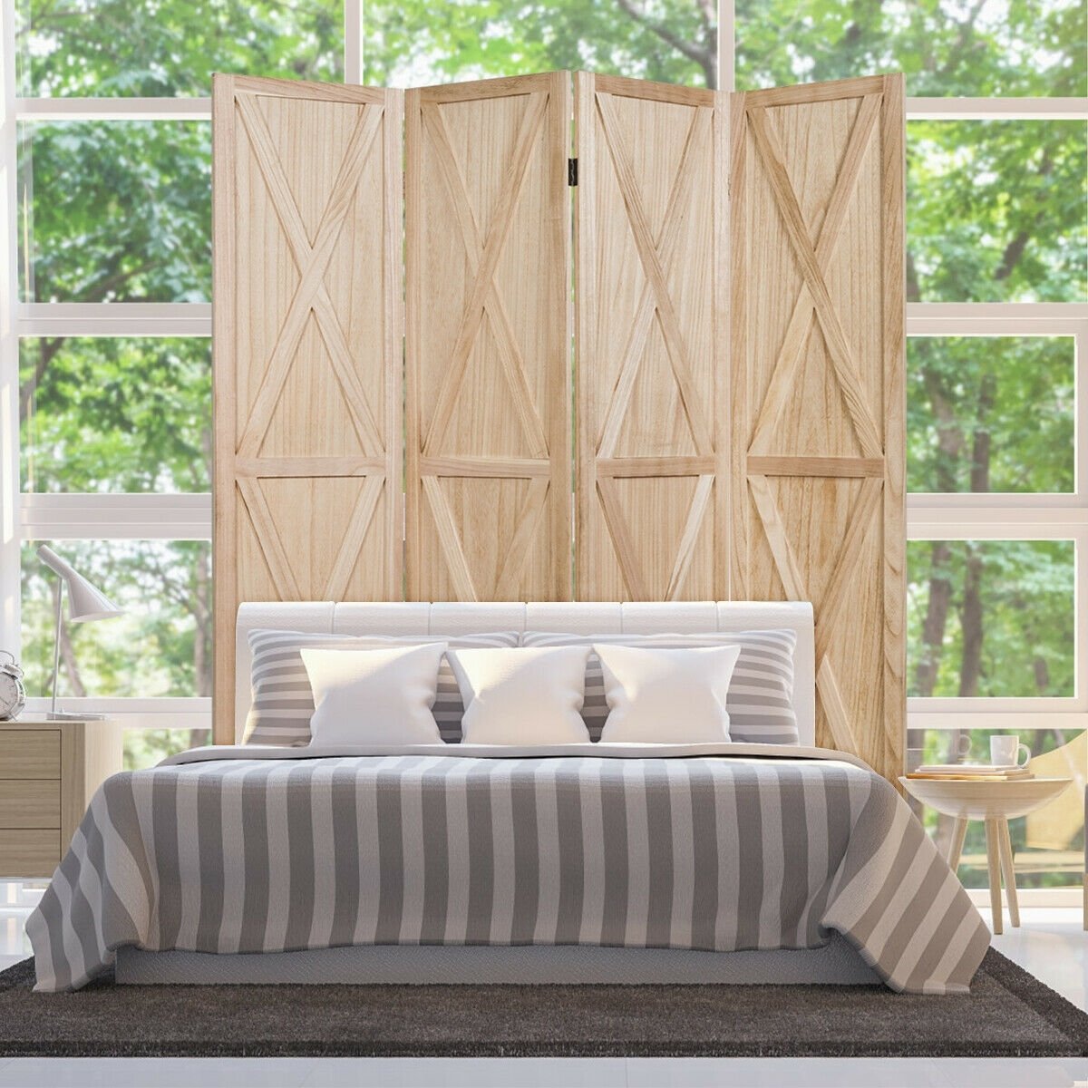 5.6 Ft 4 Panel Wooden Room Divider with Rustic X Design – Natural