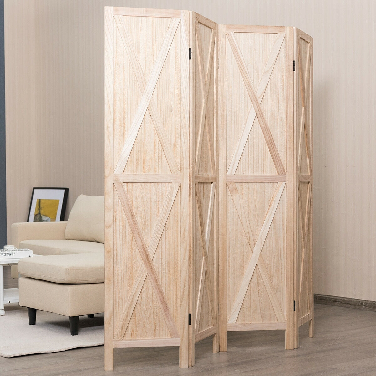 5.6 Ft 4 Panel Wooden Room Divider with Rustic X Design – Natural