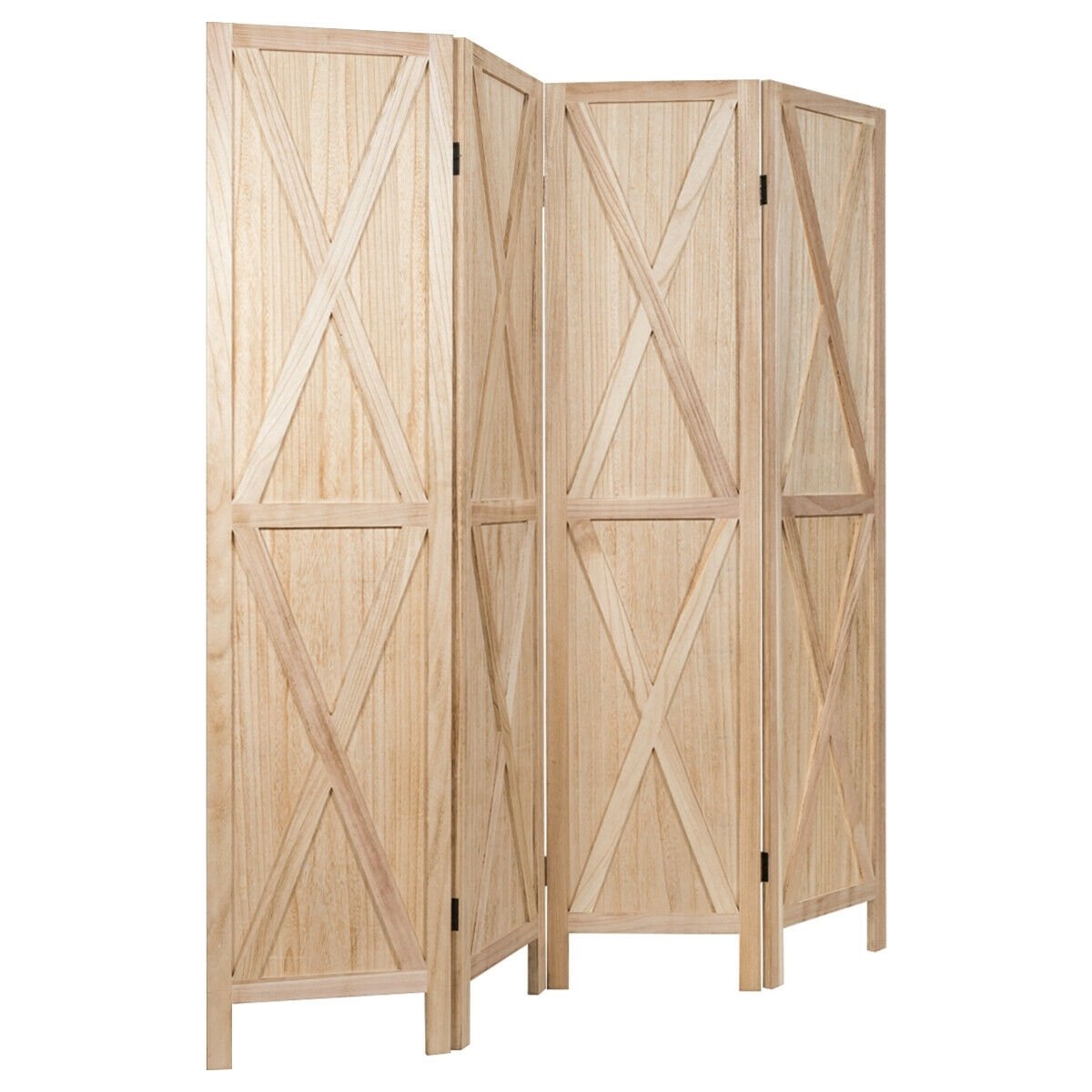 5.6 Ft 4 Panel Wooden Room Divider with Rustic X Design – Natural