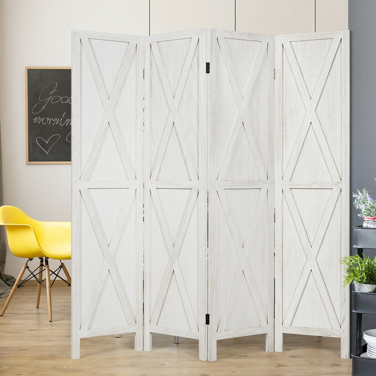 5.6 Ft 4 Panel Wooden Room Divider with Rustic X Design – White