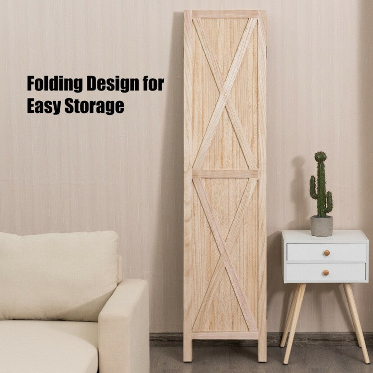 5.6 Ft 4 Panel Wooden Room Divider with Rustic X Design – Natural
