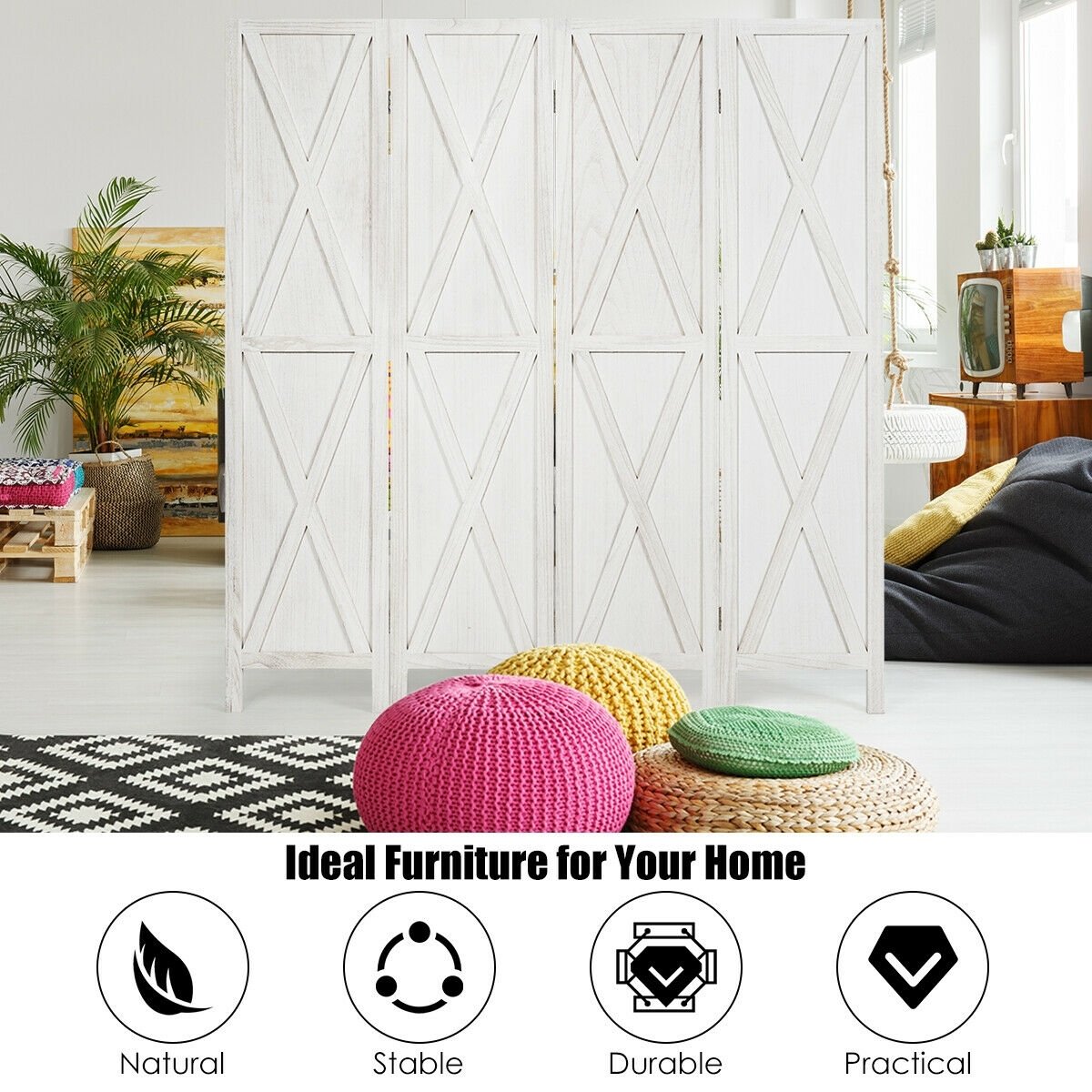 5.6 Ft 4 Panel Wooden Room Divider with Rustic X Design – White