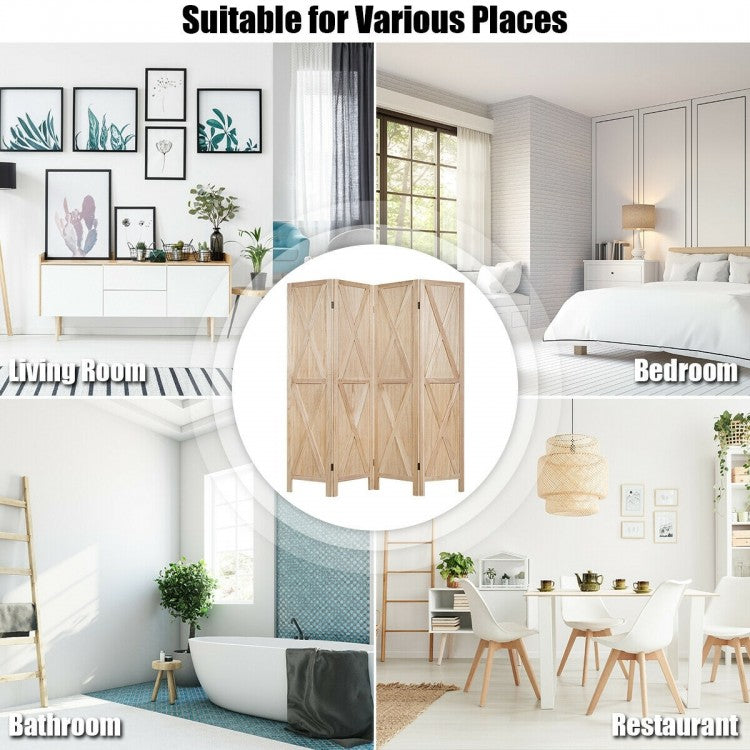5.6 Ft 4 Panel Wooden Room Divider with Rustic X Design – Natural