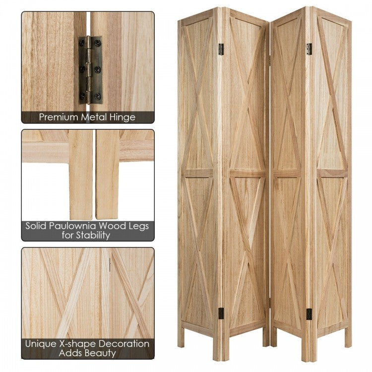 5.6 Ft 4 Panel Wooden Room Divider with Rustic X Design – Natural