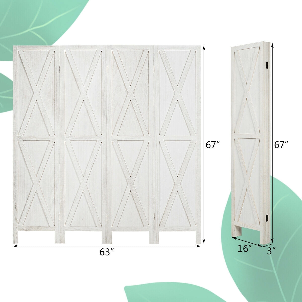 5.6 Ft 4 Panel Wooden Room Divider with Rustic X Design – White