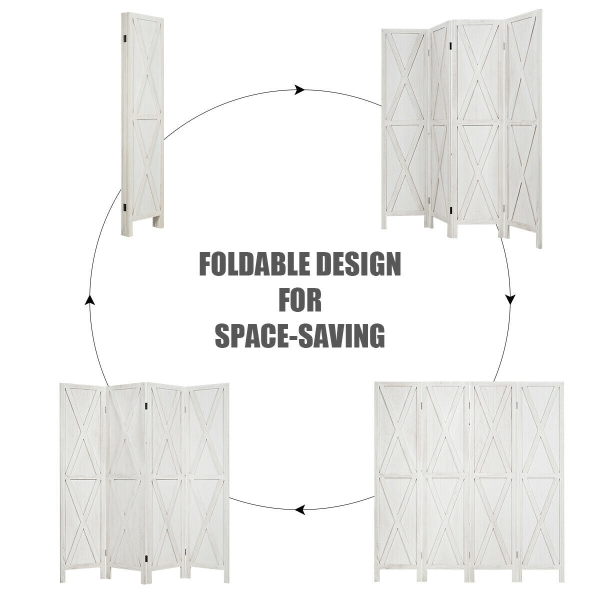5.6 Ft 4 Panel Wooden Room Divider with Rustic X Design – White