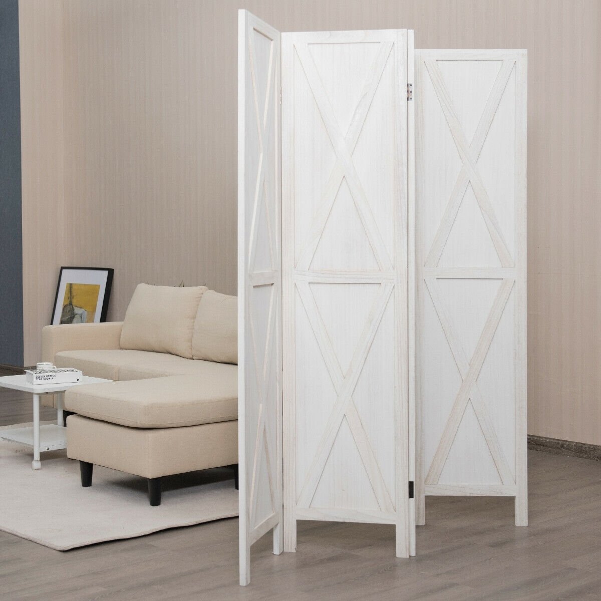 5.6 Ft 4 Panel Wooden Room Divider with Rustic X Design – White