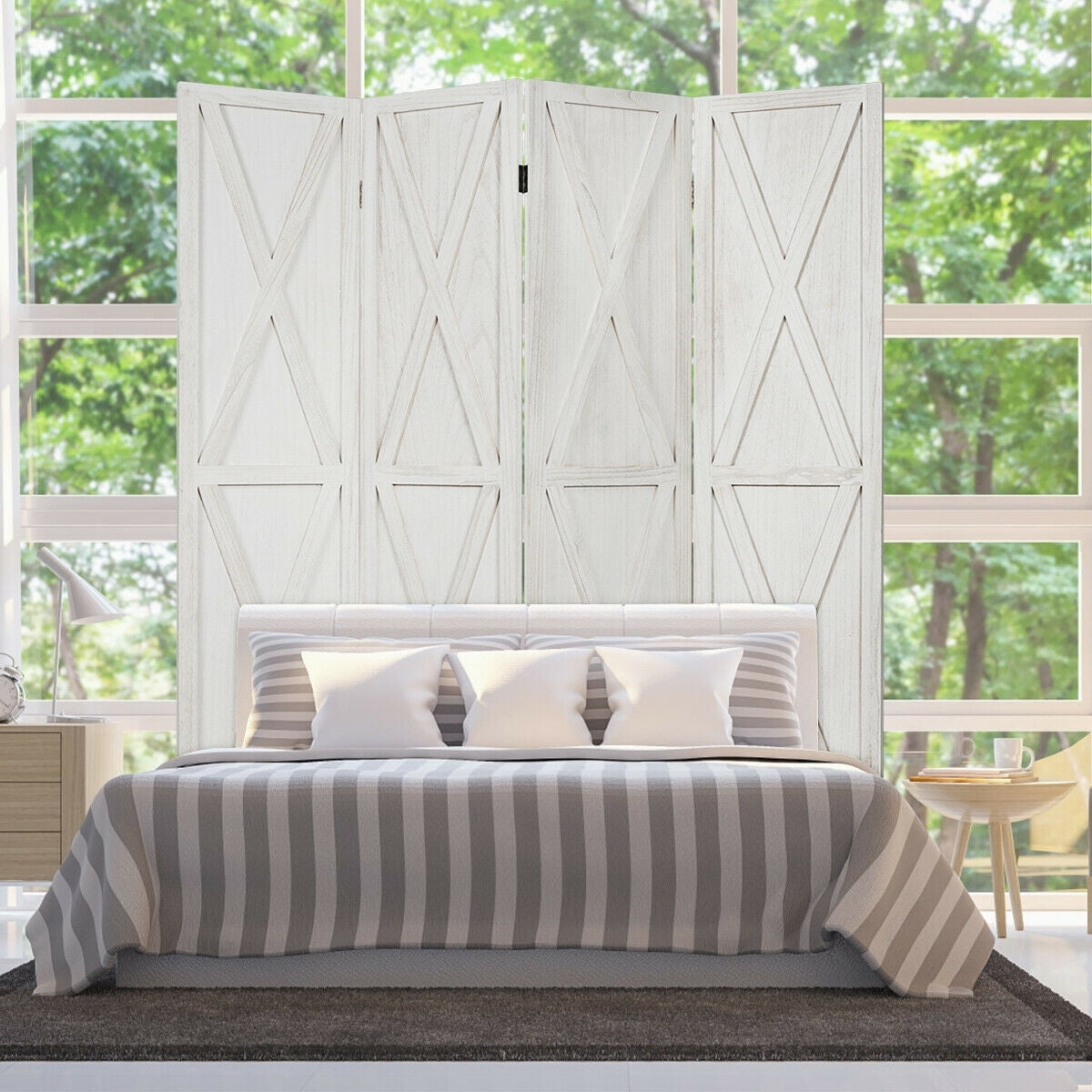 5.6 Ft 4 Panel Wooden Room Divider with Rustic X Design – White