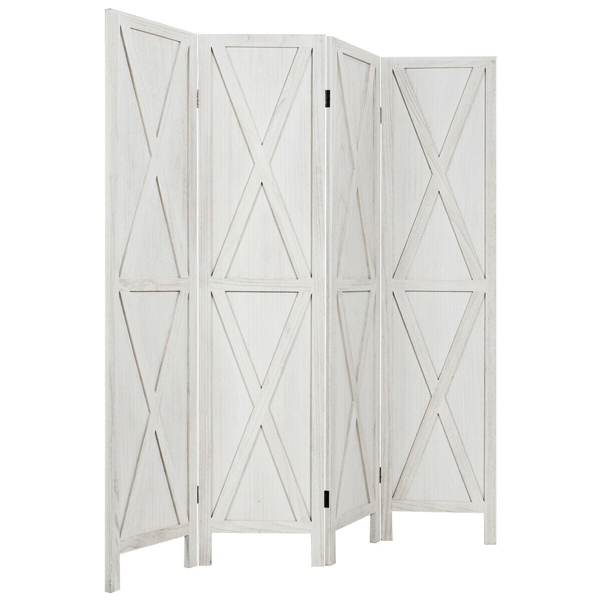 5.6 Ft 4 Panel Wooden Room Divider with Rustic X Design – White