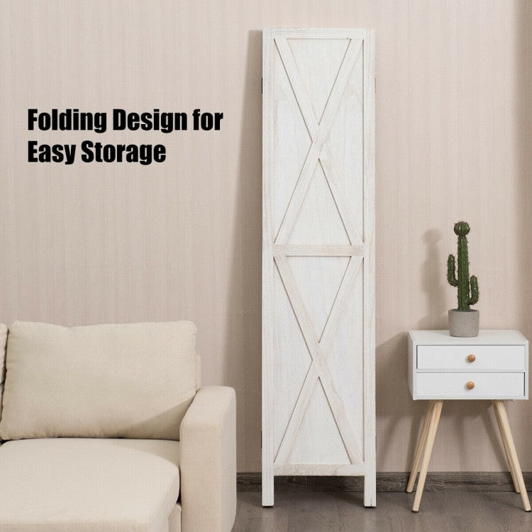 5.6 Ft 4 Panel Wooden Room Divider with Rustic X Design – White