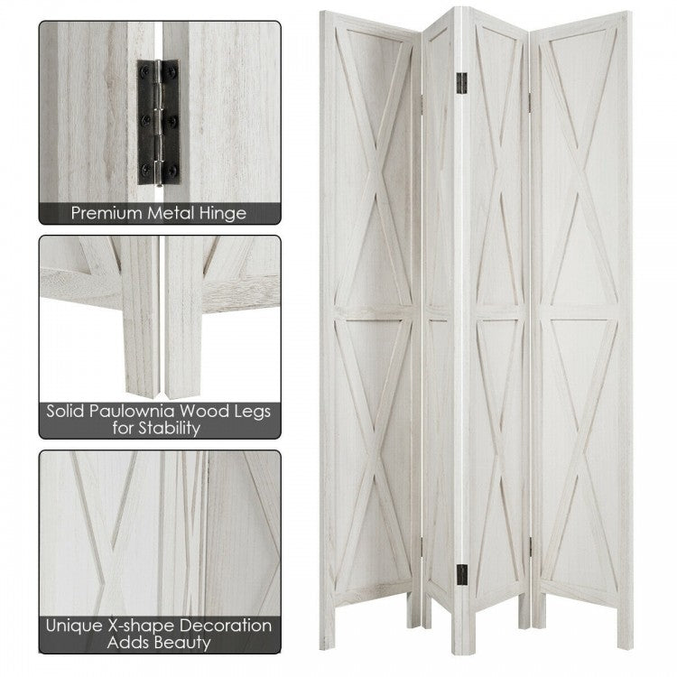 5.6 Ft 4 Panel Wooden Room Divider with Rustic X Design – White