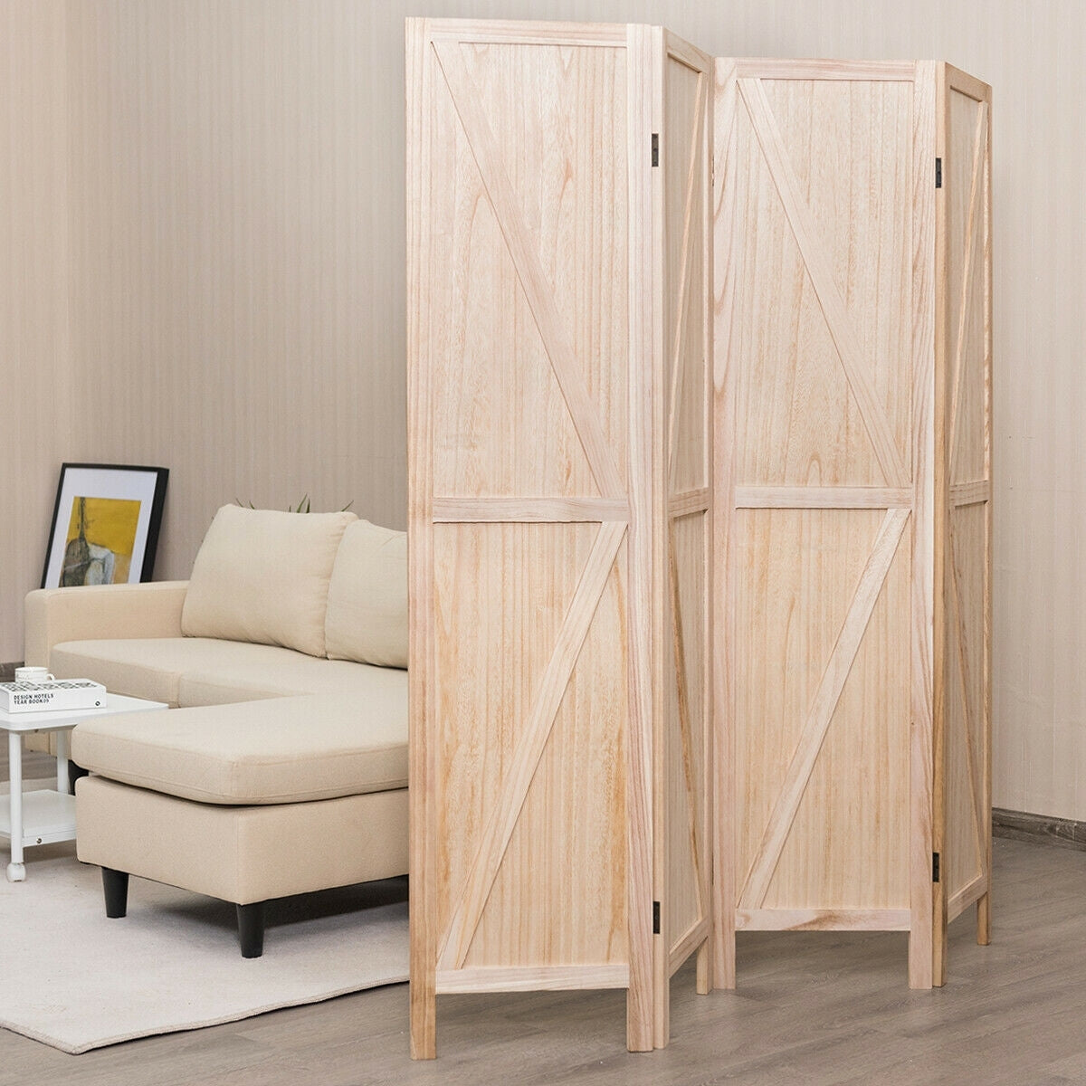 4-Panel Rustic Folding Wooden Room Divider with V-Shaped Design - Natural