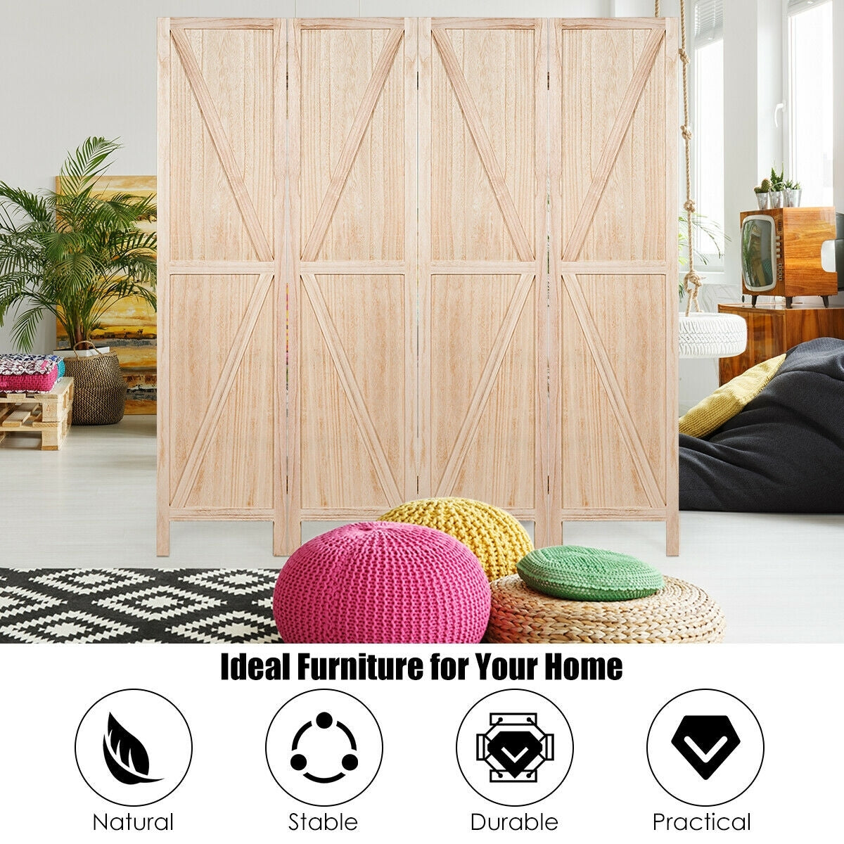 4-Panel Rustic Folding Wooden Room Divider with V-Shaped Design - Natural