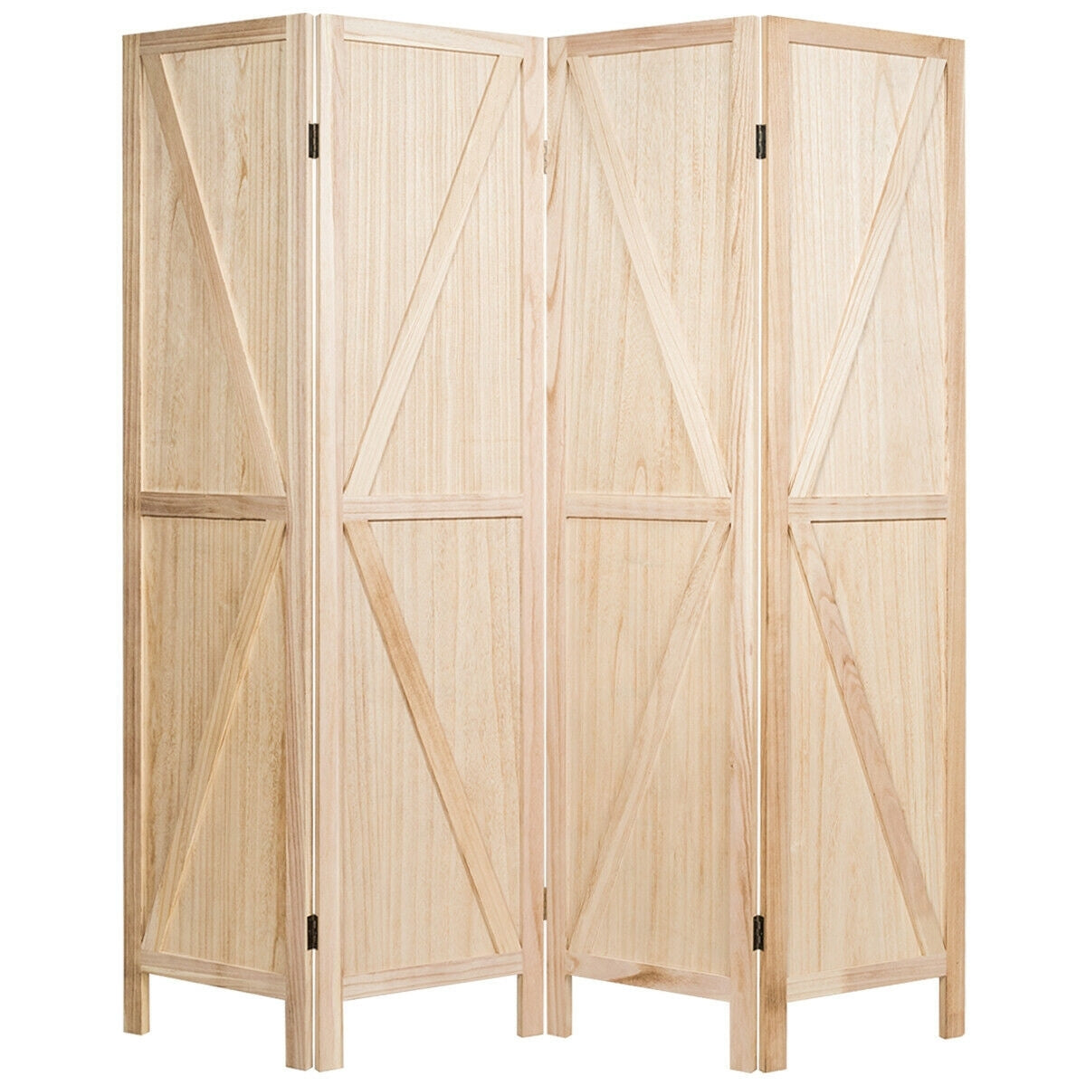 4-Panel Rustic Folding Wooden Room Divider with V-Shaped Design - Natural