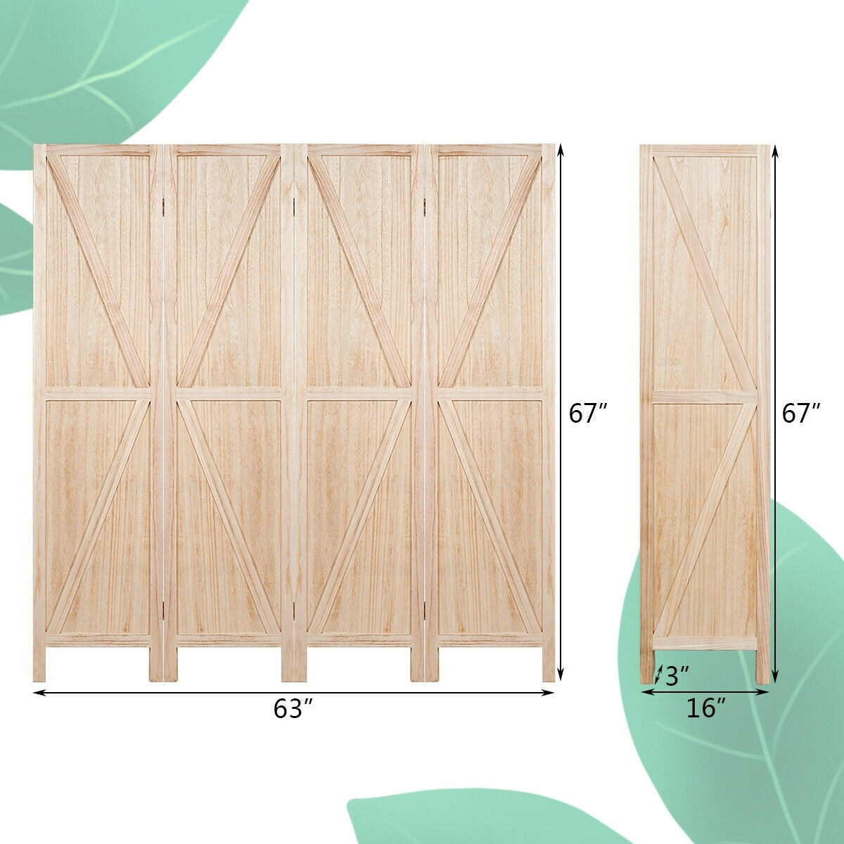 4-Panel Rustic Folding Wooden Room Divider with V-Shaped Design - Natural