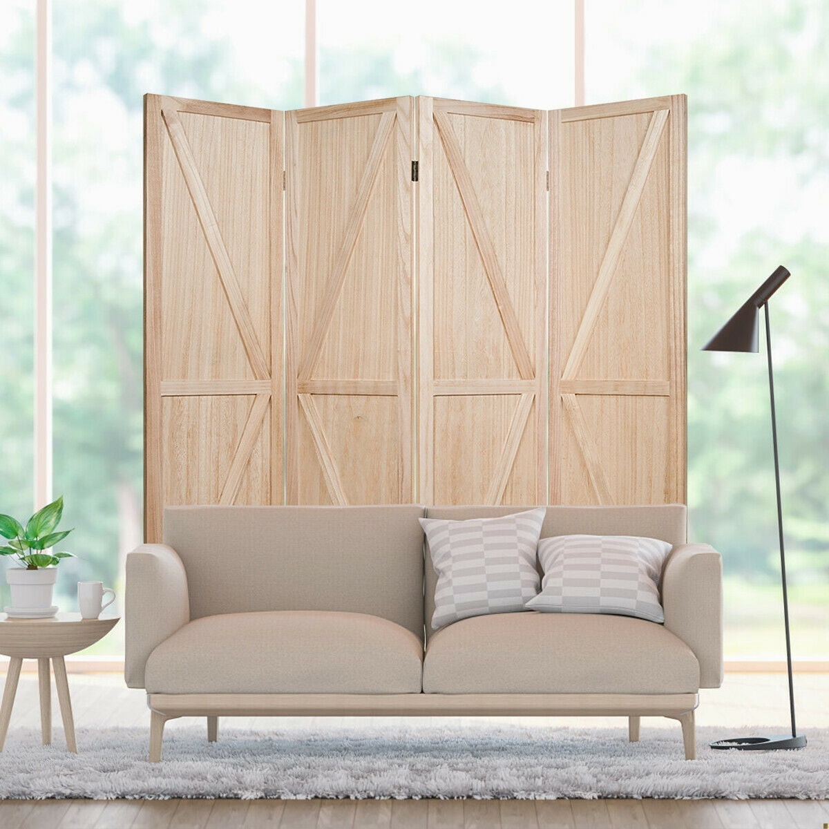 4-Panel Rustic Folding Wooden Room Divider with V-Shaped Design - Natural
