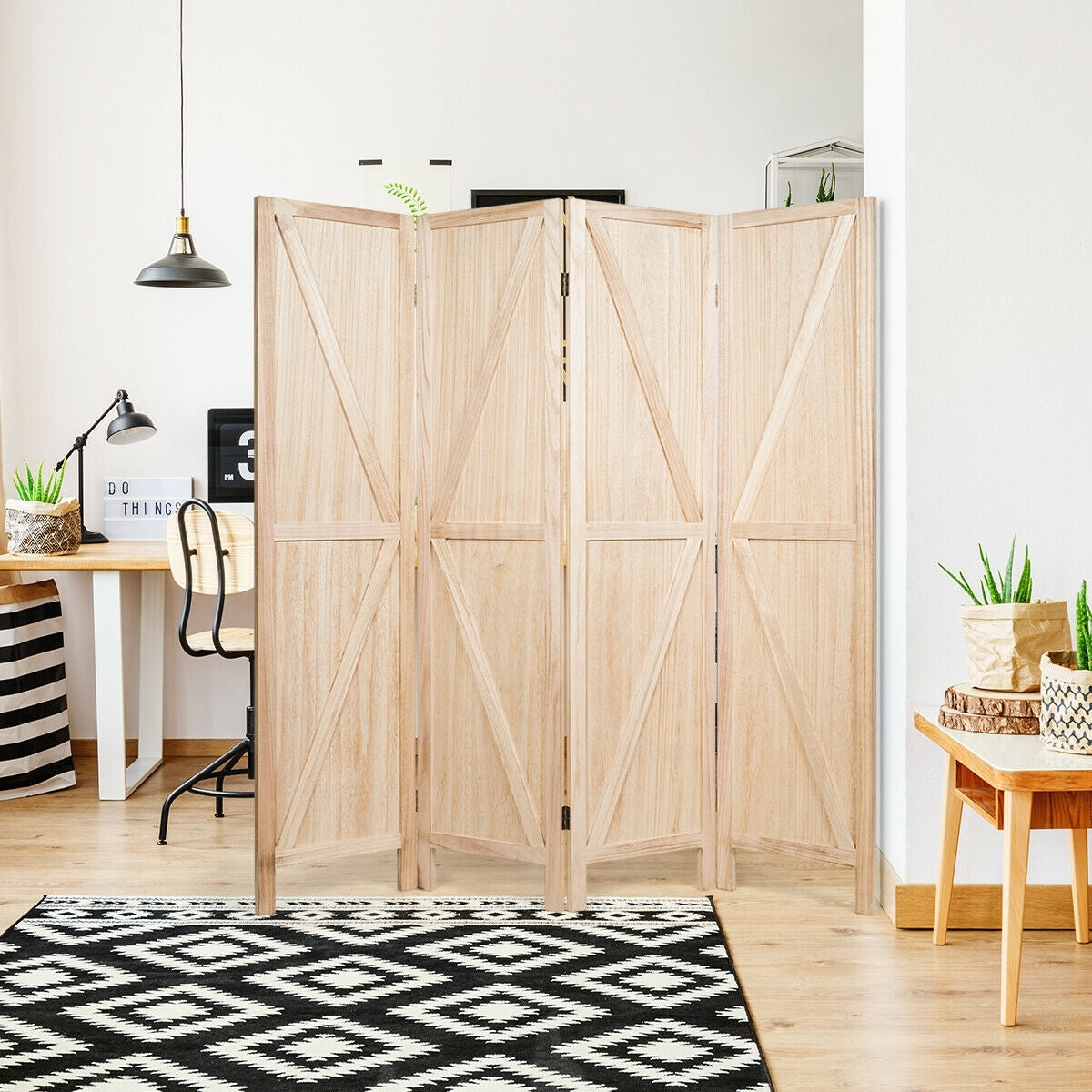 4-Panel Rustic Folding Wooden Room Divider with V-Shaped Design - Natural