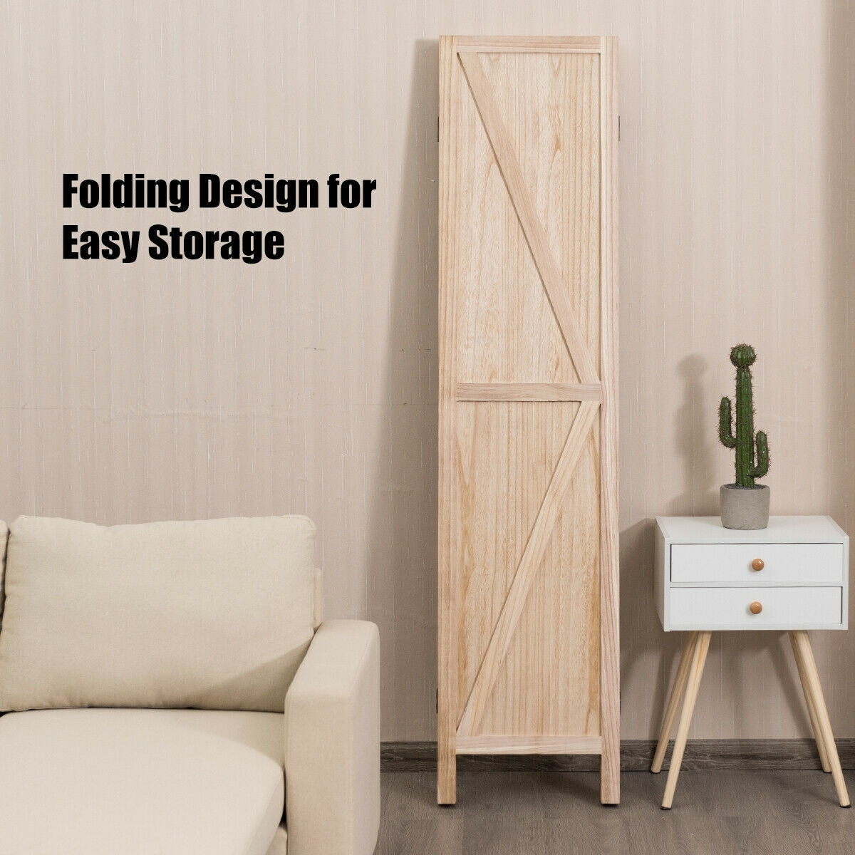 4-Panel Rustic Folding Wooden Room Divider with V-Shaped Design - Natural